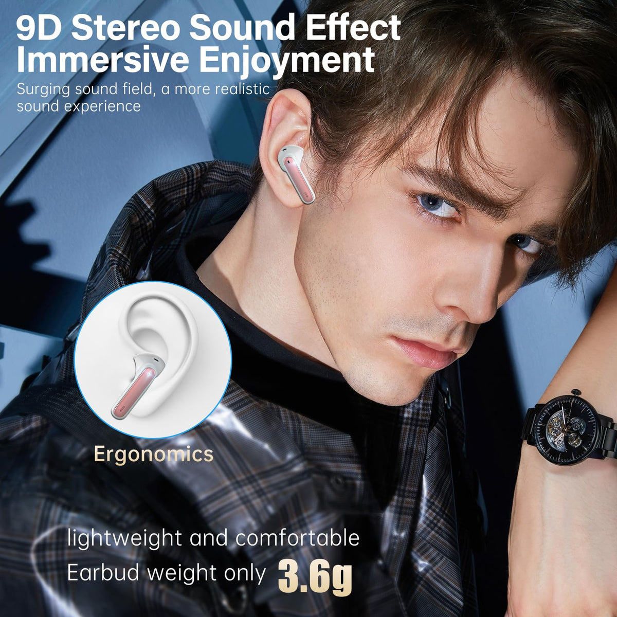 Wireless Earbuds, Bluetooth 5.3 Headphones HiFi Stereo 50H Playback LED Digital Display Ear Buds with ENC Noise Canceling Headset, IPX7 Waterproof Earphones for Gym/Running/Work(Black)
