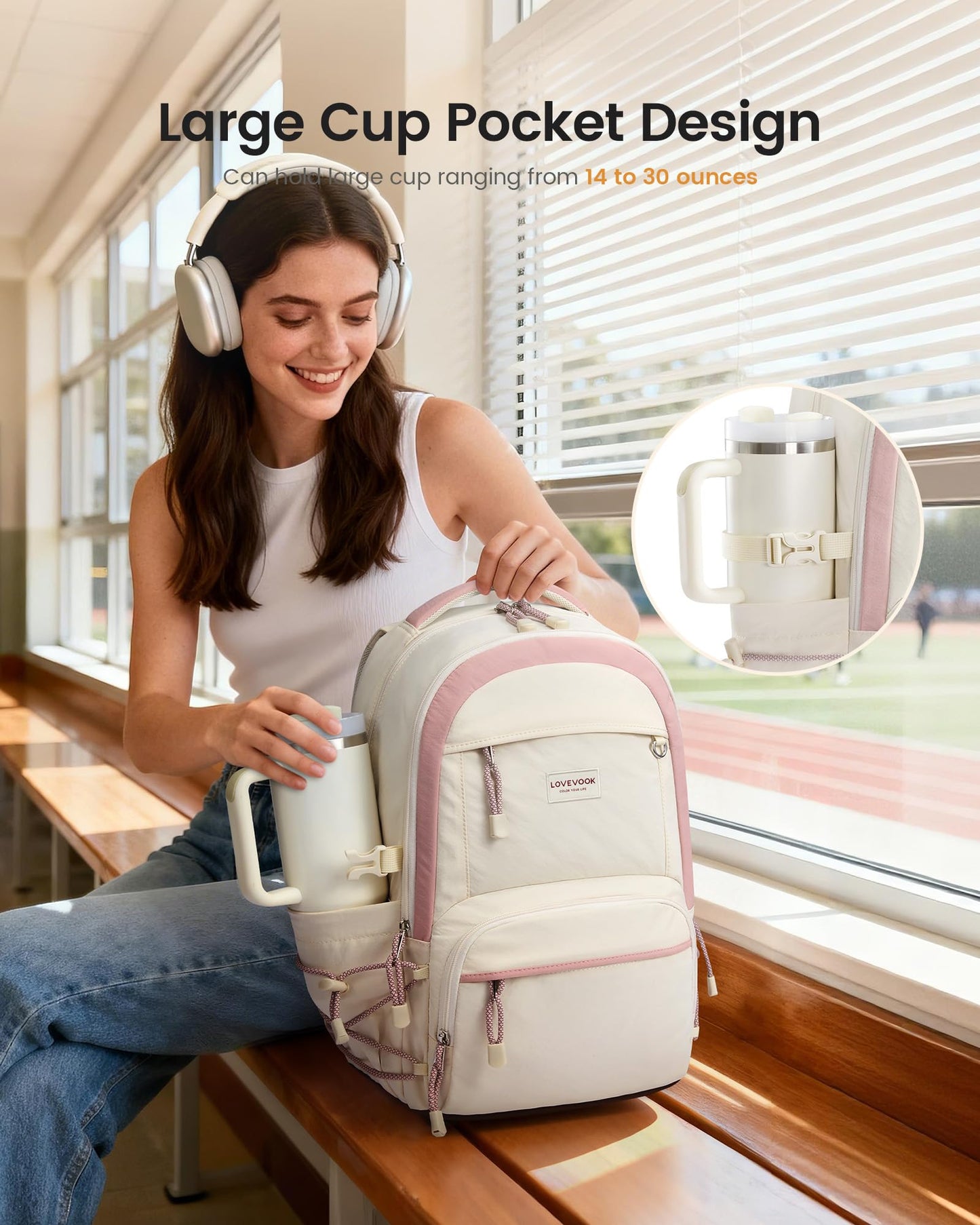 LOVEVOOK School Backpack for Girls, 15.6 Inch laptop Backpacks with Large Capacity Tumbler Holder, Lightweight College bag for women, Cute Travel Teen Bookbag Purse for Students,Off white-Pink