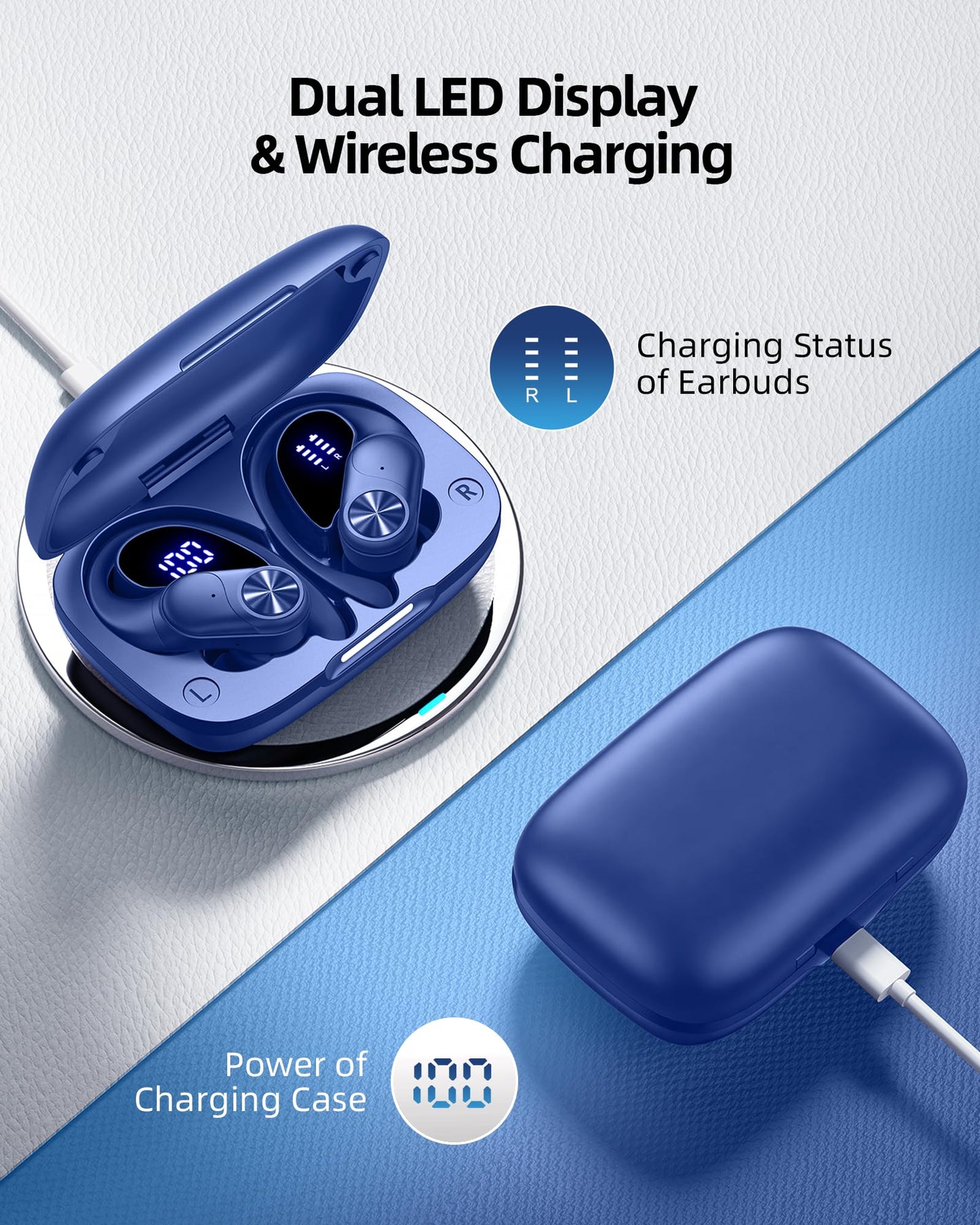 PocBuds Bluetooth Headphones Wireless Earbuds 80hrs Playtime Wireless Charging Case Digital Display Sports Ear Buds with Earhook Deep Bass IPX7 Waterproof Over-Ear Earphones for TV Phone Laptop Olive