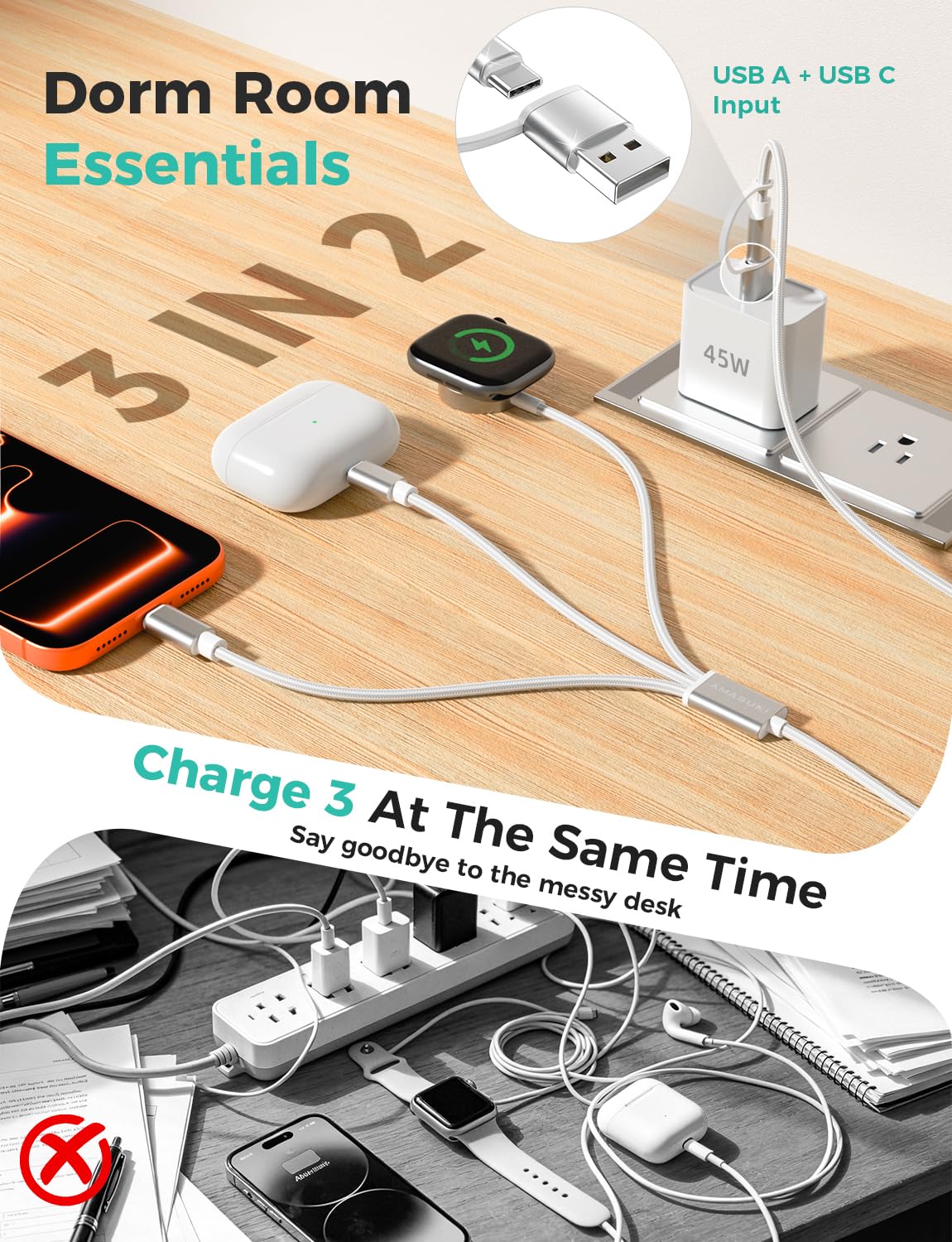 Travel Essentials,3 in 2 USB C Cable for Apple Watch Charger,iPhone Charger,Multi Charging Cable,Cruise Vacation Camping Essentials,Portable for iWatch Series 11-2/Ultra/SE & iPhone 17-12,Car,Pink