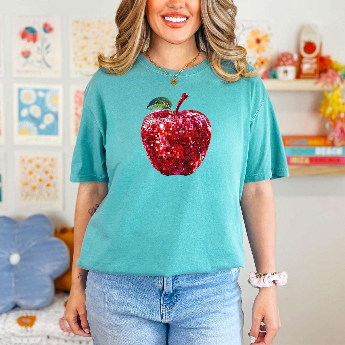 Red Disco Apple Shirt for Women & Teens Faux Glitter Apple Tee for Teachers and Students