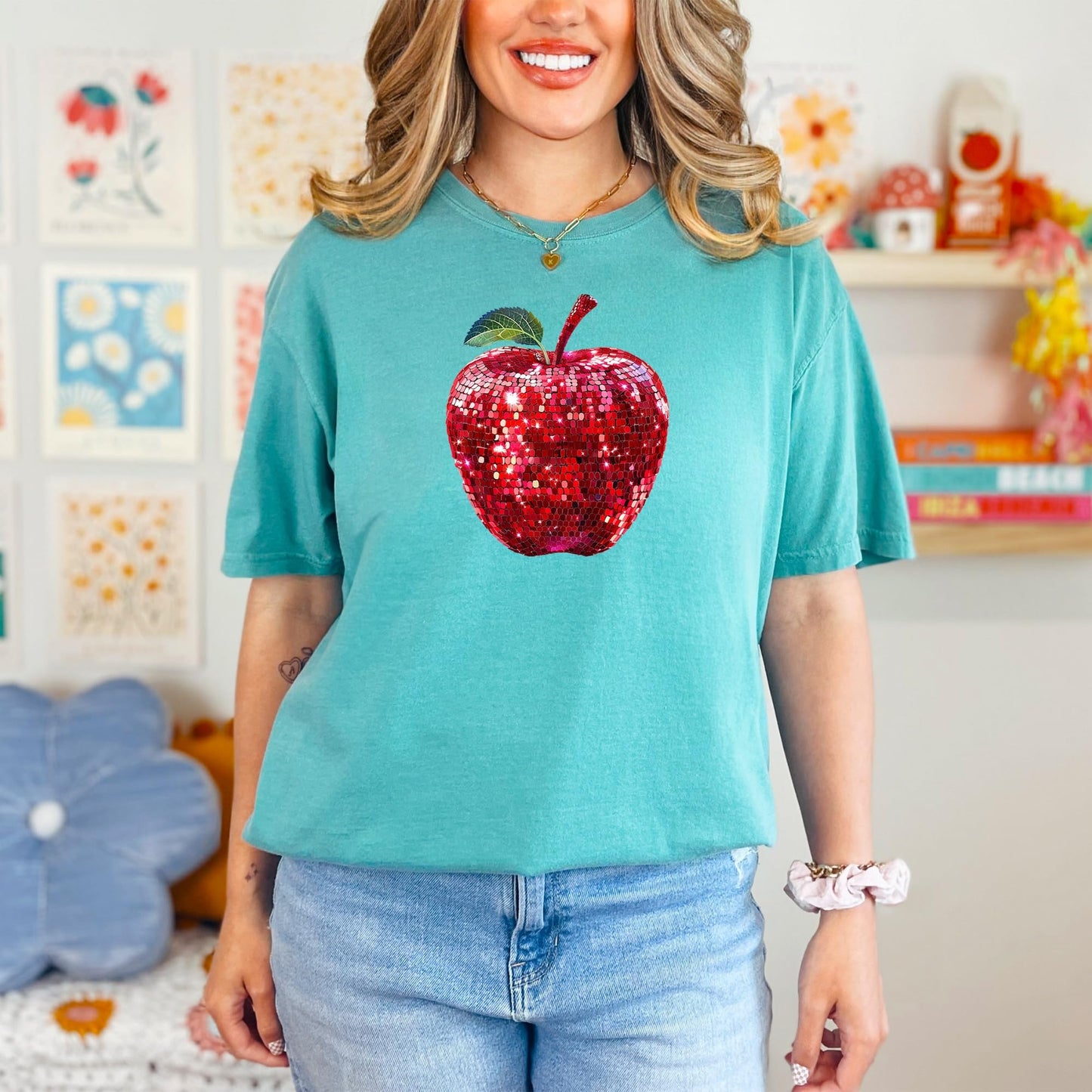 Red Disco Apple Shirt for Women & Teens Faux Glitter Apple Tee for Teachers and Students