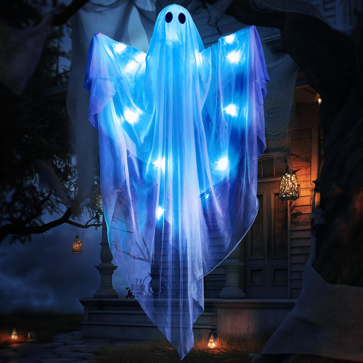 JOYIN Halloween Hanging Light up Ghost, 47" White Ghosts with Purple LED Light and Timer Halloween Hanging Decoration Waterproof for Front Yard Patio LawnGarden Party Decor Indoor Outdoor