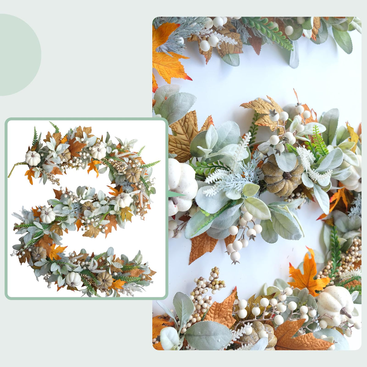 20" Harvest Fall Wreath for Front Door,Pumpkins Berries Autumn Wreaths