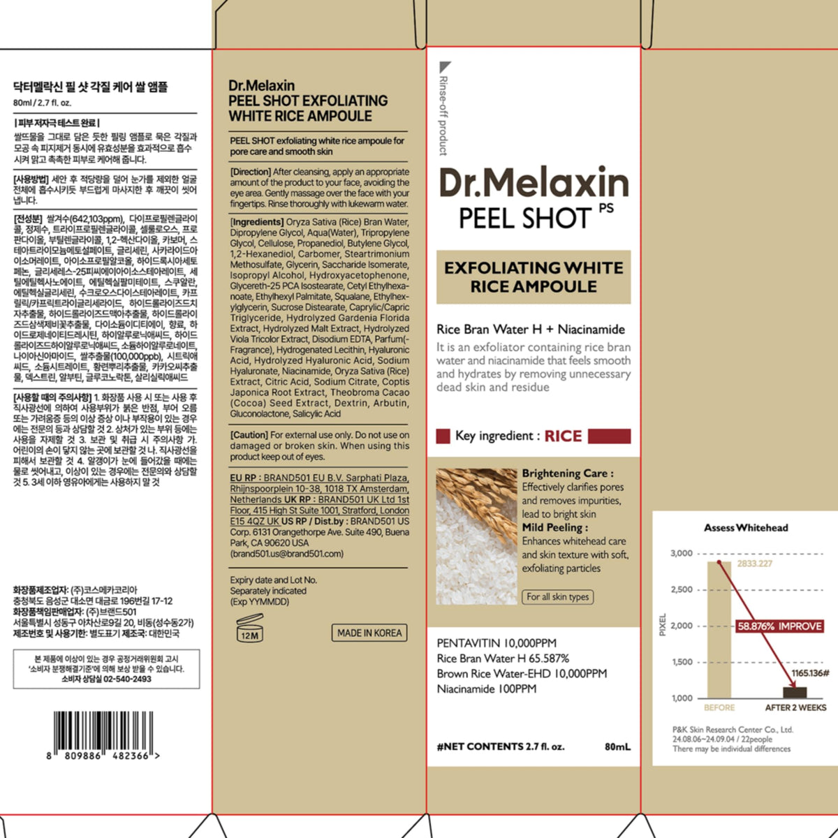 Dr.Melaxin Peel Shot Black Rice Exfoliating Ampoule, Face Exfoliator with AHA BHA Niacinamide Rice Bran Water, Blackhead Remover, Pore Minimizer, Brightening Glass Skin Serum, Korean Skin Care, 2.7 oz