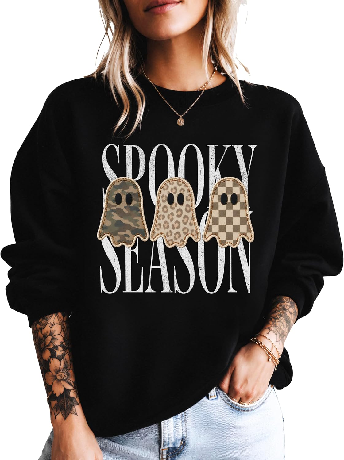 Olive Loves Apple Spooky Season Sweatshirt for Women & Teen Girls Halloween Camo Leopard Ghost Crewneck