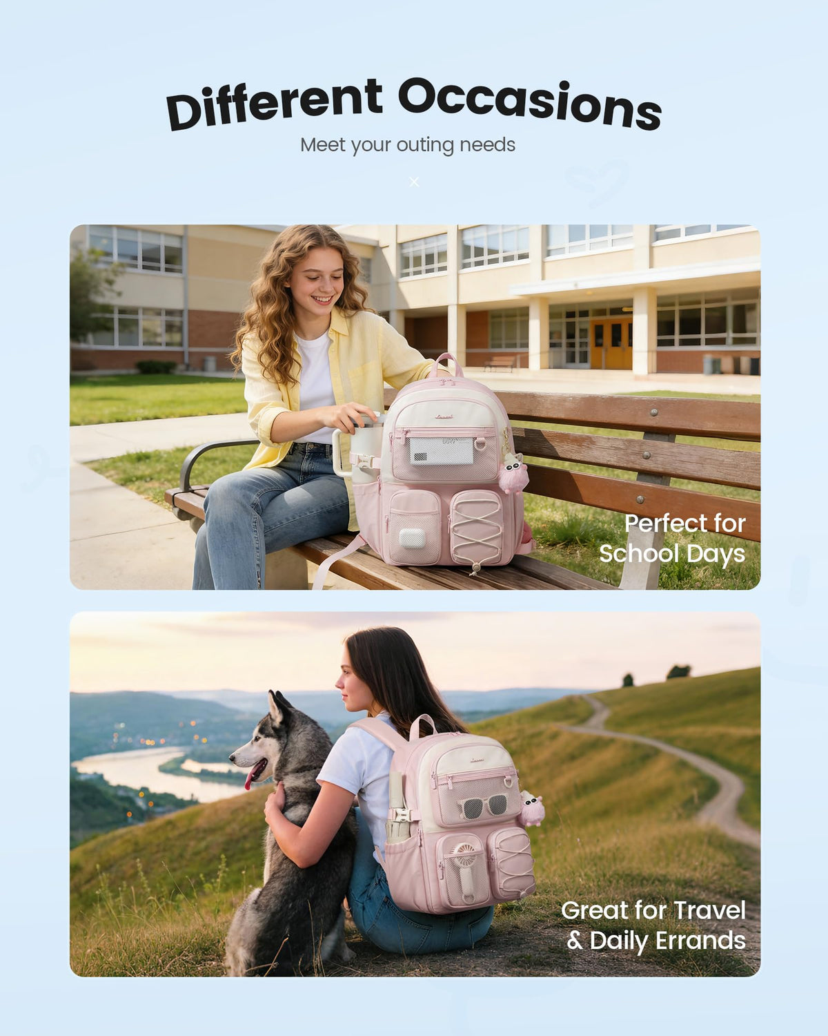 LOVEVOOK School Backpack for Teen Girls, Student Cute Bookbag Purse for Middle High School, 15.6 Inch Laptop Kid Backpack Back to School with Large Cup Holder, College Travel Bag, Beige Blue