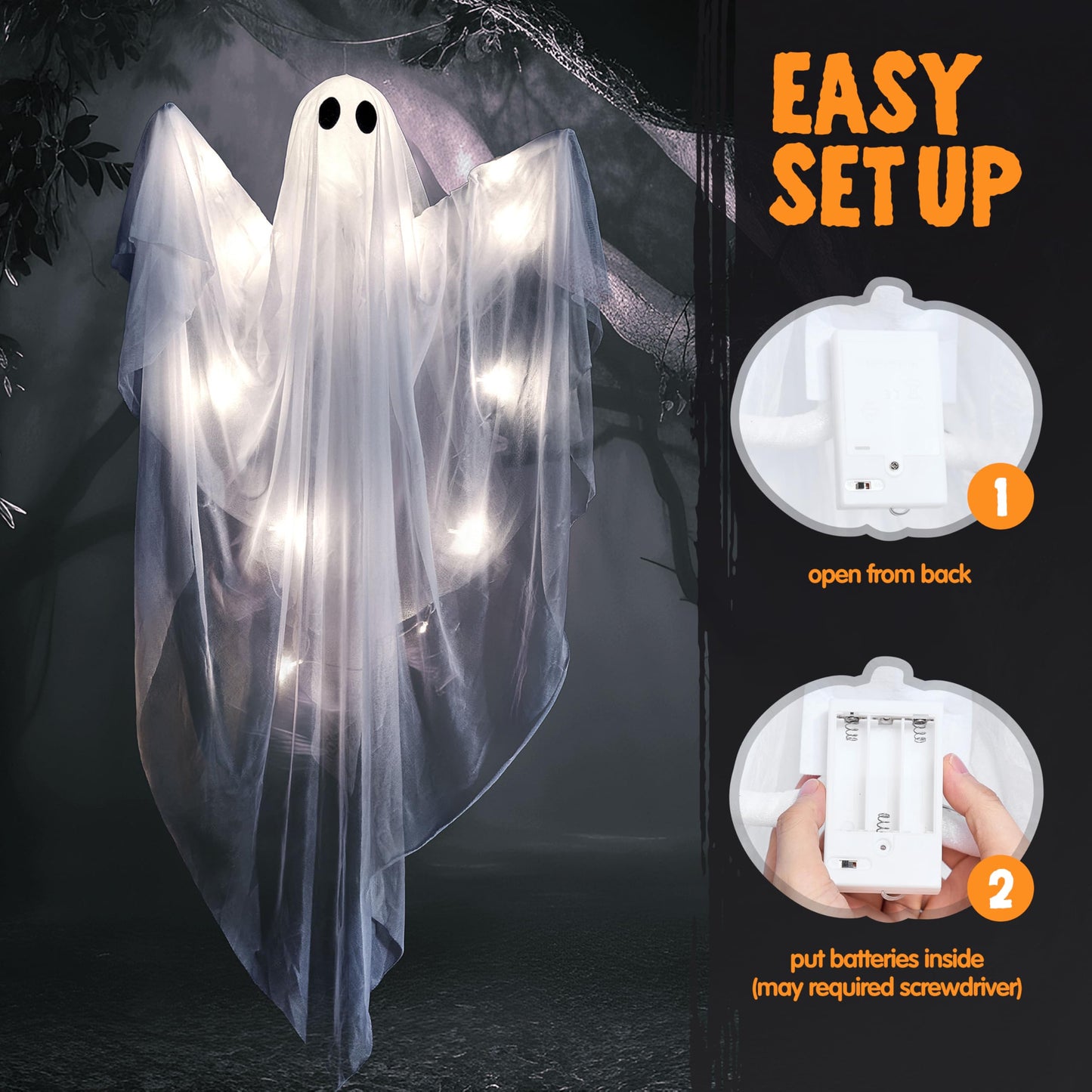 JOYIN Halloween Hanging Light up Ghost, 47" White Ghosts with Purple LED Light and Timer Halloween Hanging Decoration Waterproof for Front Yard Patio LawnGarden Party Decor Indoor Outdoor