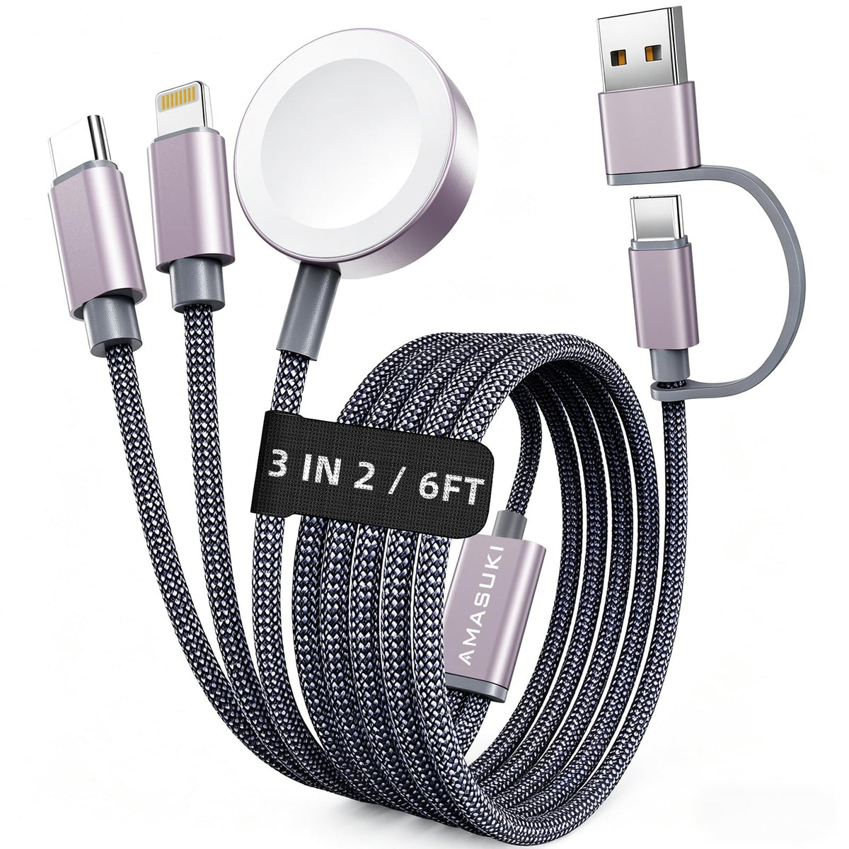 Travel Essentials,3 in 2 USB C Cable for Apple Watch Charger,iPhone Charger,Multi Charging Cable,Cruise Vacation Camping Essentials,Portable for iWatch Series 11-2/Ultra/SE & iPhone 17-12,Car,Pink