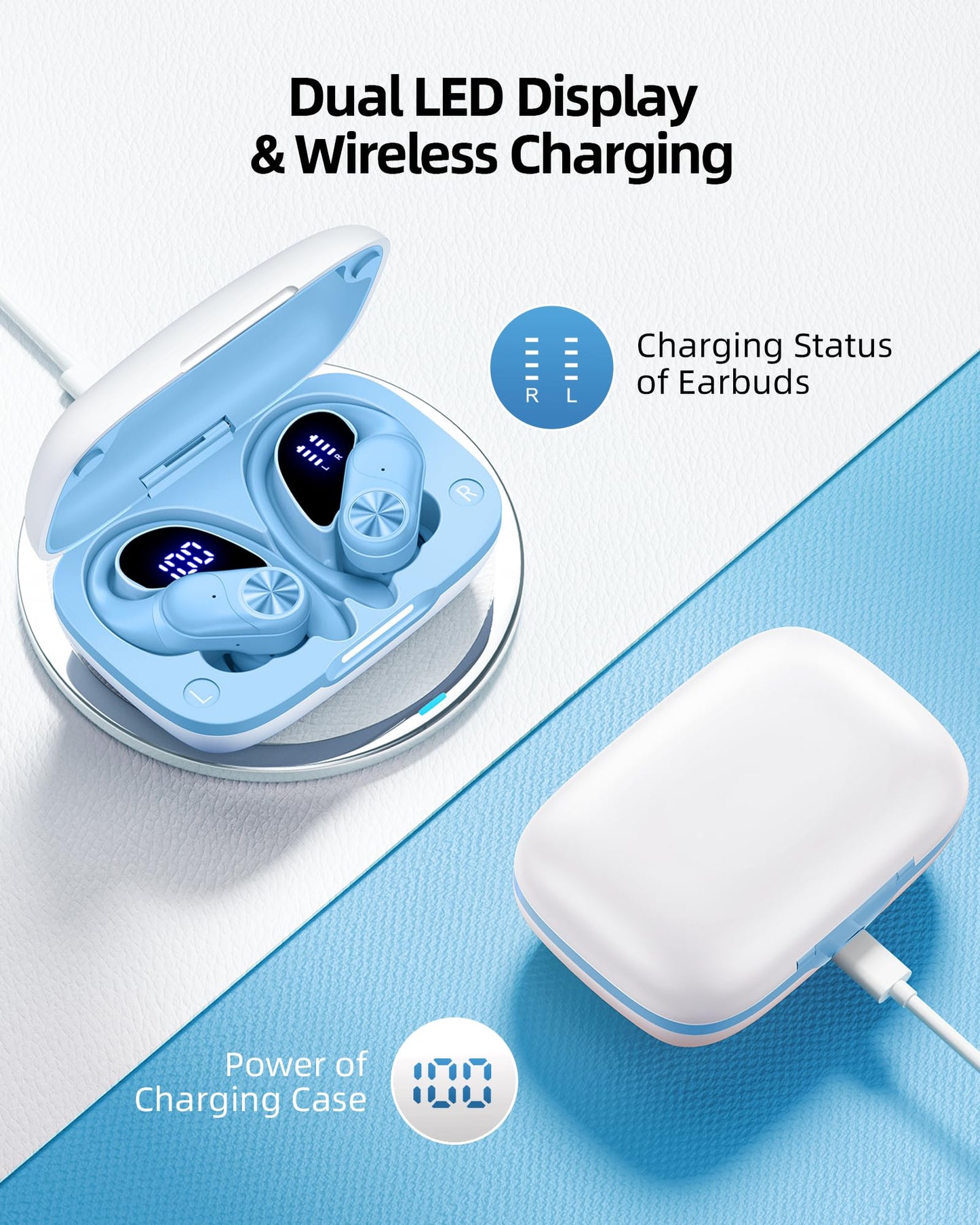 PocBuds Bluetooth Headphones Wireless Earbuds 80hrs Playtime Wireless Charging Case Digital Display Sports Ear Buds with Earhook Deep Bass IPX7 Waterproof Over-Ear Earphones for TV Phone Laptop Olive