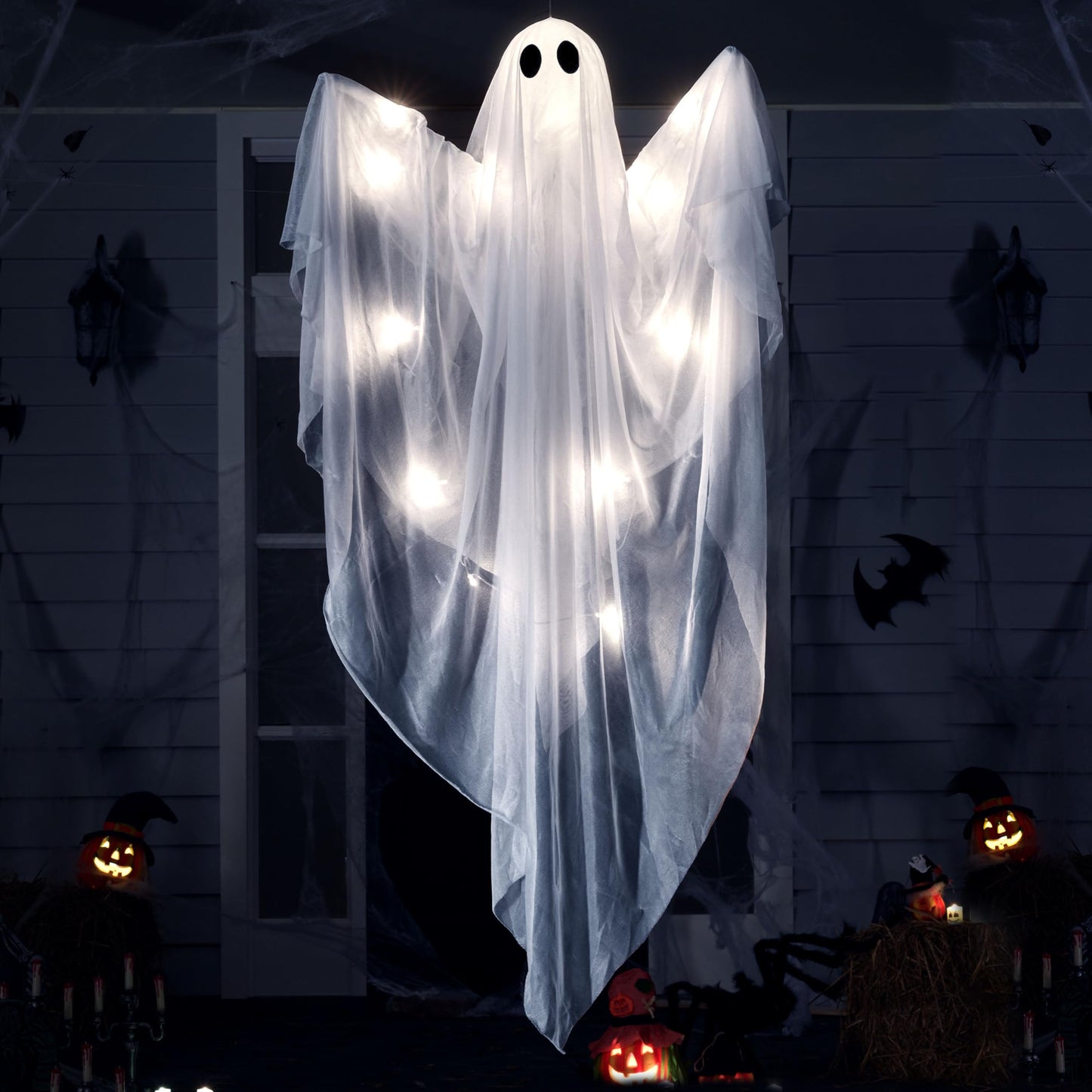 JOYIN Halloween Hanging Light up Ghost, 47" White Ghosts with Purple LED Light and Timer Halloween Hanging Decoration Waterproof for Front Yard Patio LawnGarden Party Decor Indoor Outdoor