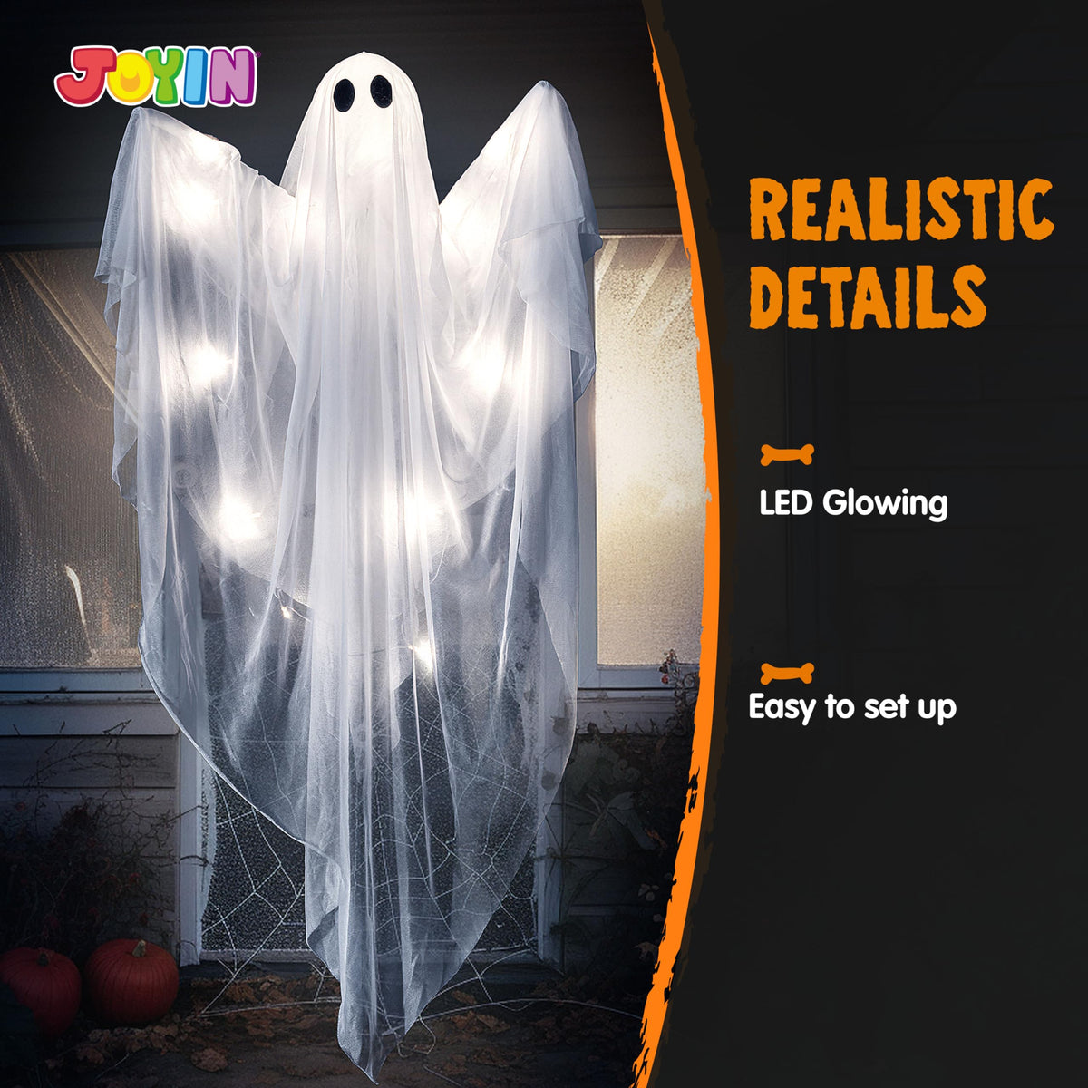 JOYIN Halloween Hanging Light up Ghost, 47" White Ghosts with Purple LED Light and Timer Halloween Hanging Decoration Waterproof for Front Yard Patio LawnGarden Party Decor Indoor Outdoor