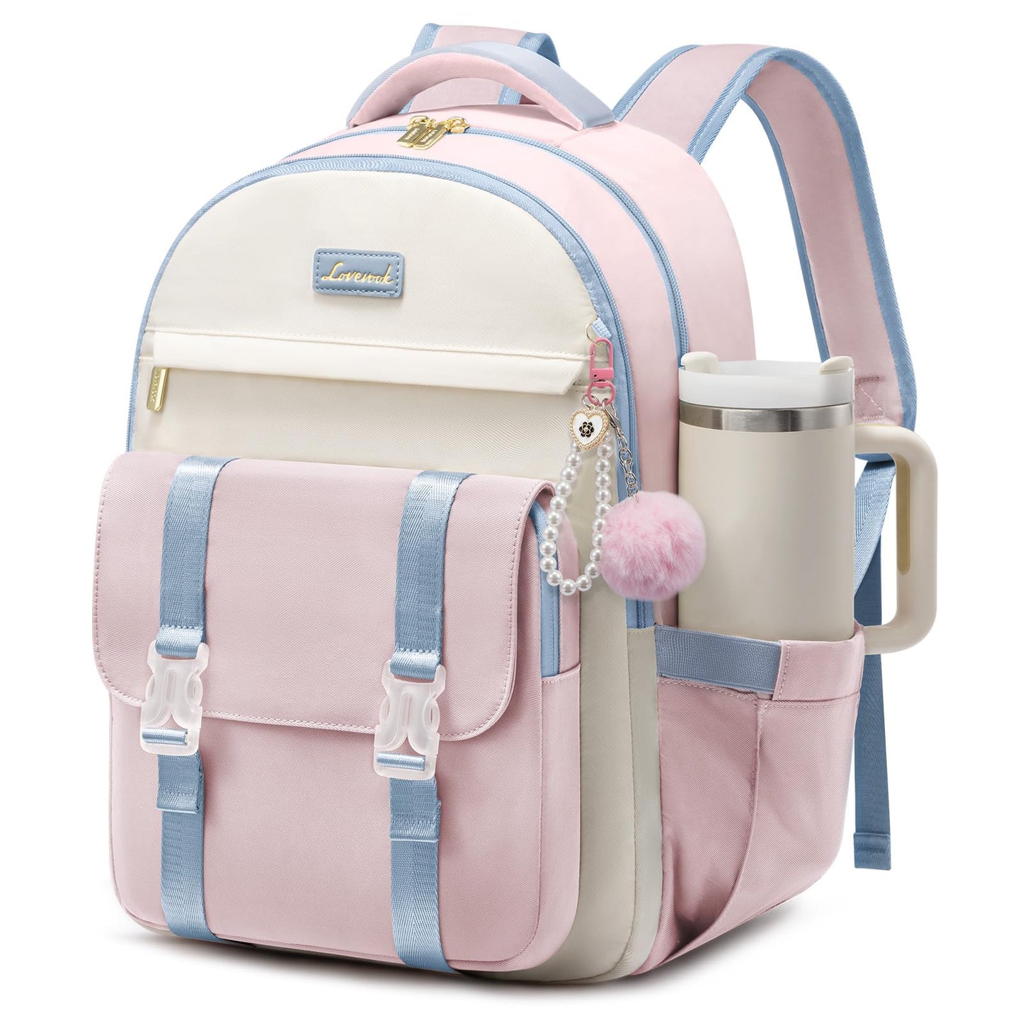 LOVEVOOK School Backpack for Teen Girls, Cute Student Backpack Purse Kid Bookbag for 8-17 Teenage, Back to School Backpacks Fit 15.6 Inch Laptop, College Travel Bag with Large Water Bottle Holder