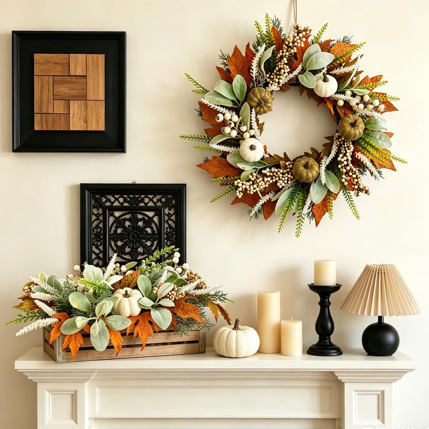 20" Harvest Fall Wreath for Front Door,Pumpkins Berries Autumn Wreaths