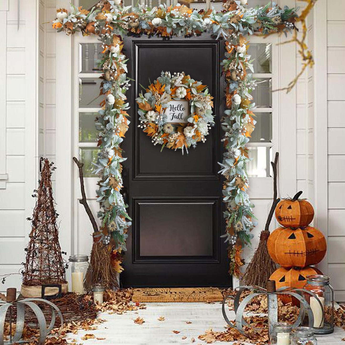 20" Harvest Fall Wreath for Front Door,Pumpkins Berries Autumn Wreaths