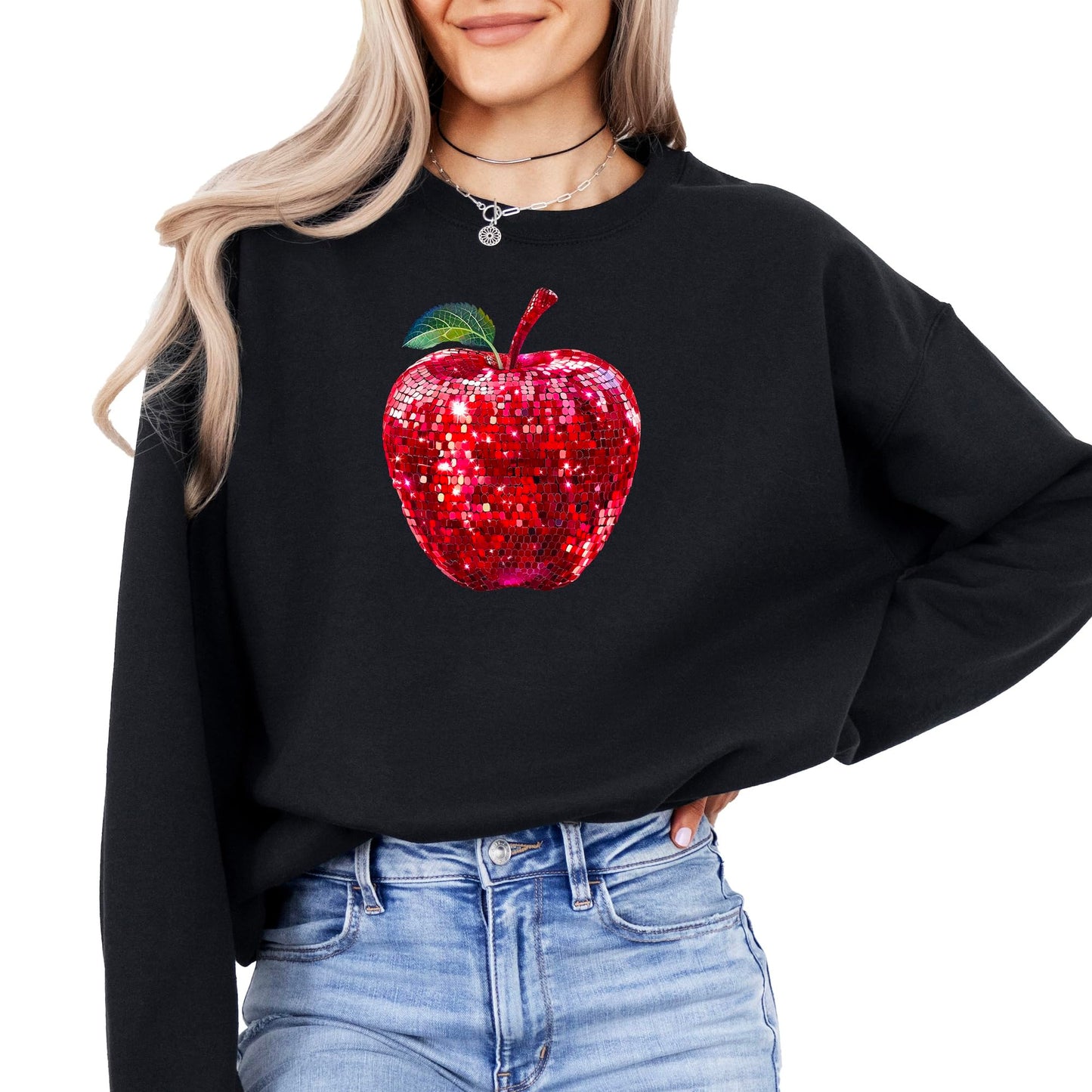 Red Disco Apple Sweatshirt for Women and Teens Faux Glitter Apple Pullover for Teachers and Students