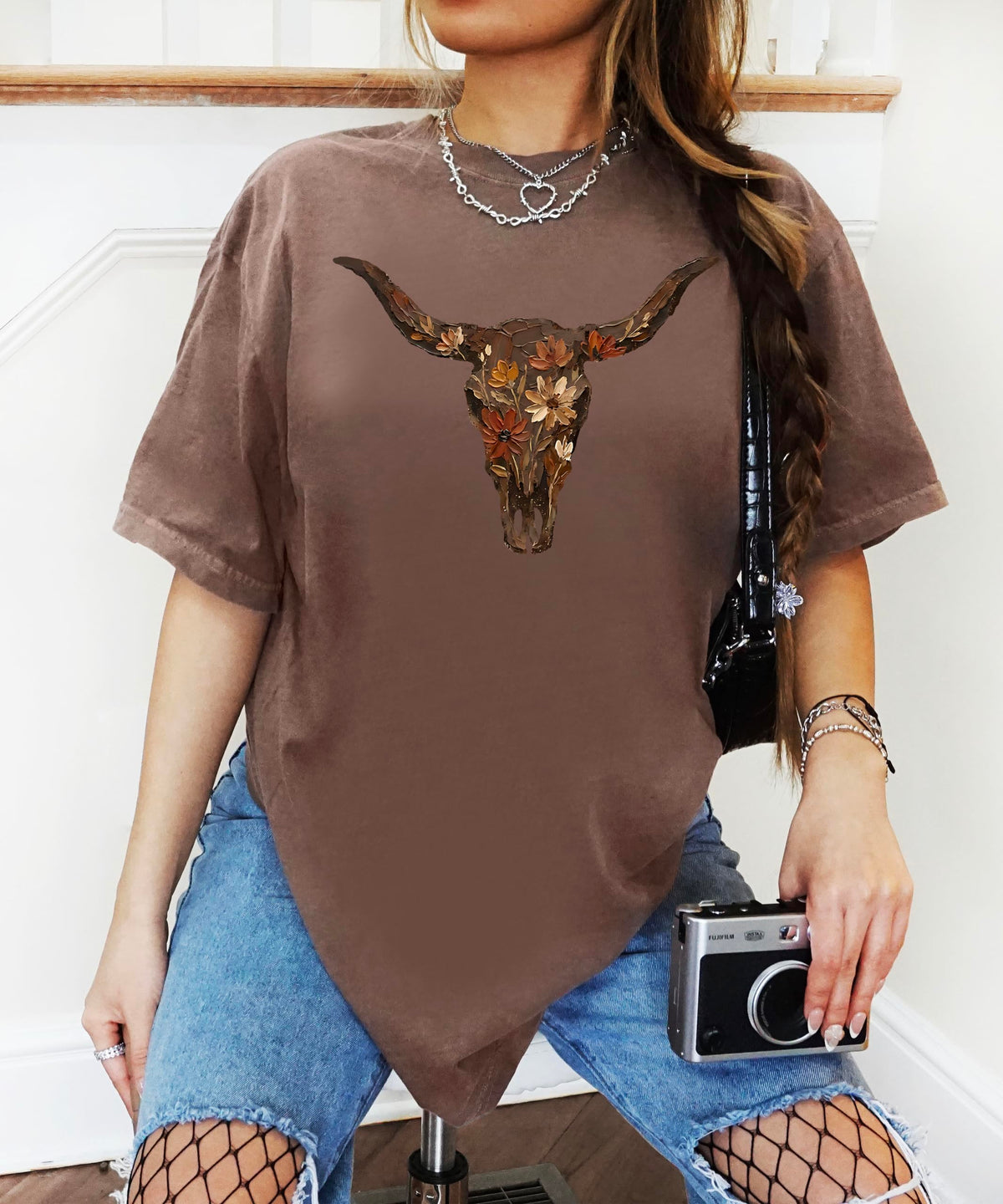 Western Longhorn Skull Graphic T-Shirt for Women - Casual Everyday Western Style Shirt