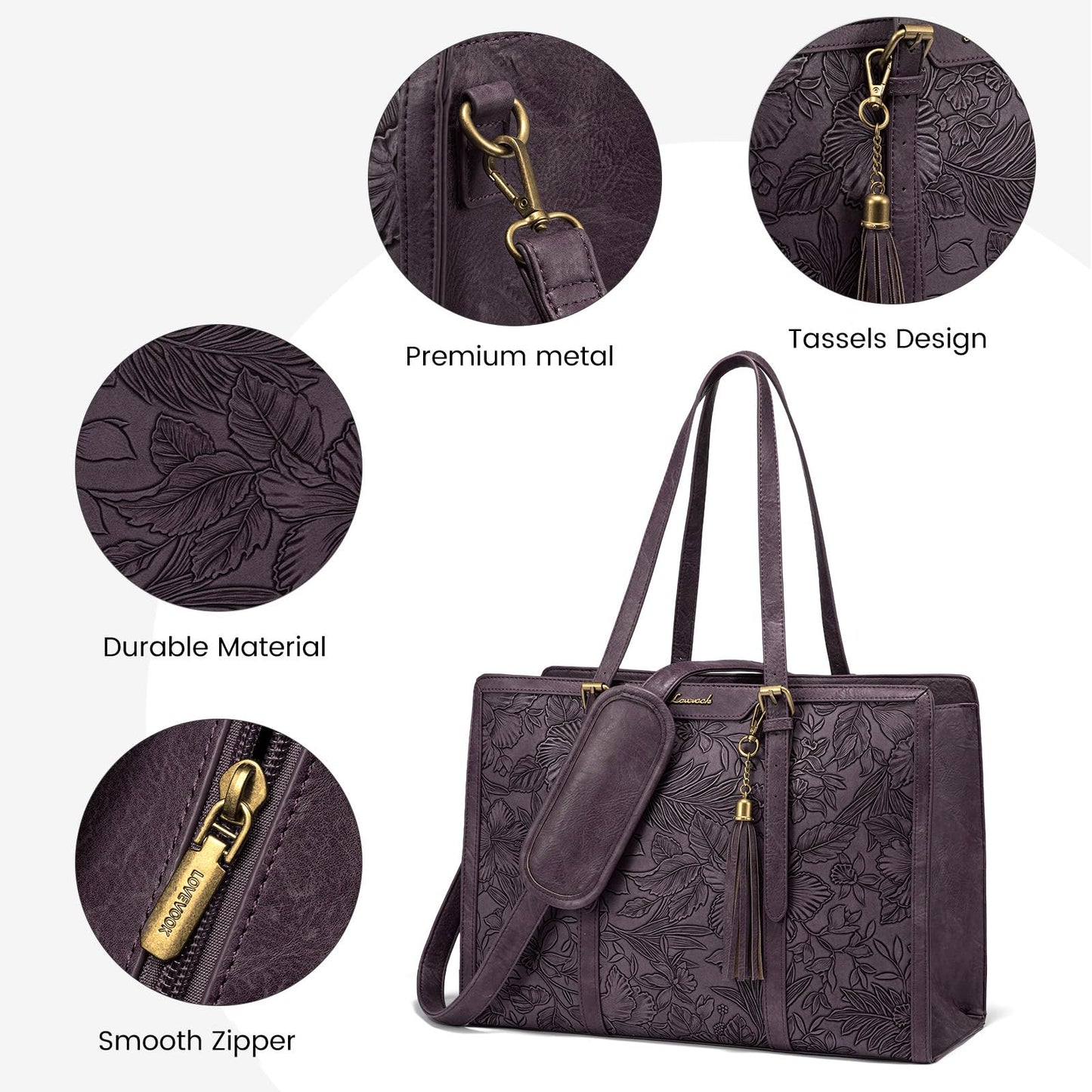 LOVEVOOK Laptop Bag for Women 15.6 inch Lightweight PU Laptop Tote Bag, Large Capacity Computer bag with Clutch Purse for Business, Work, Office, Travel, School,Casual(Black & Leather)