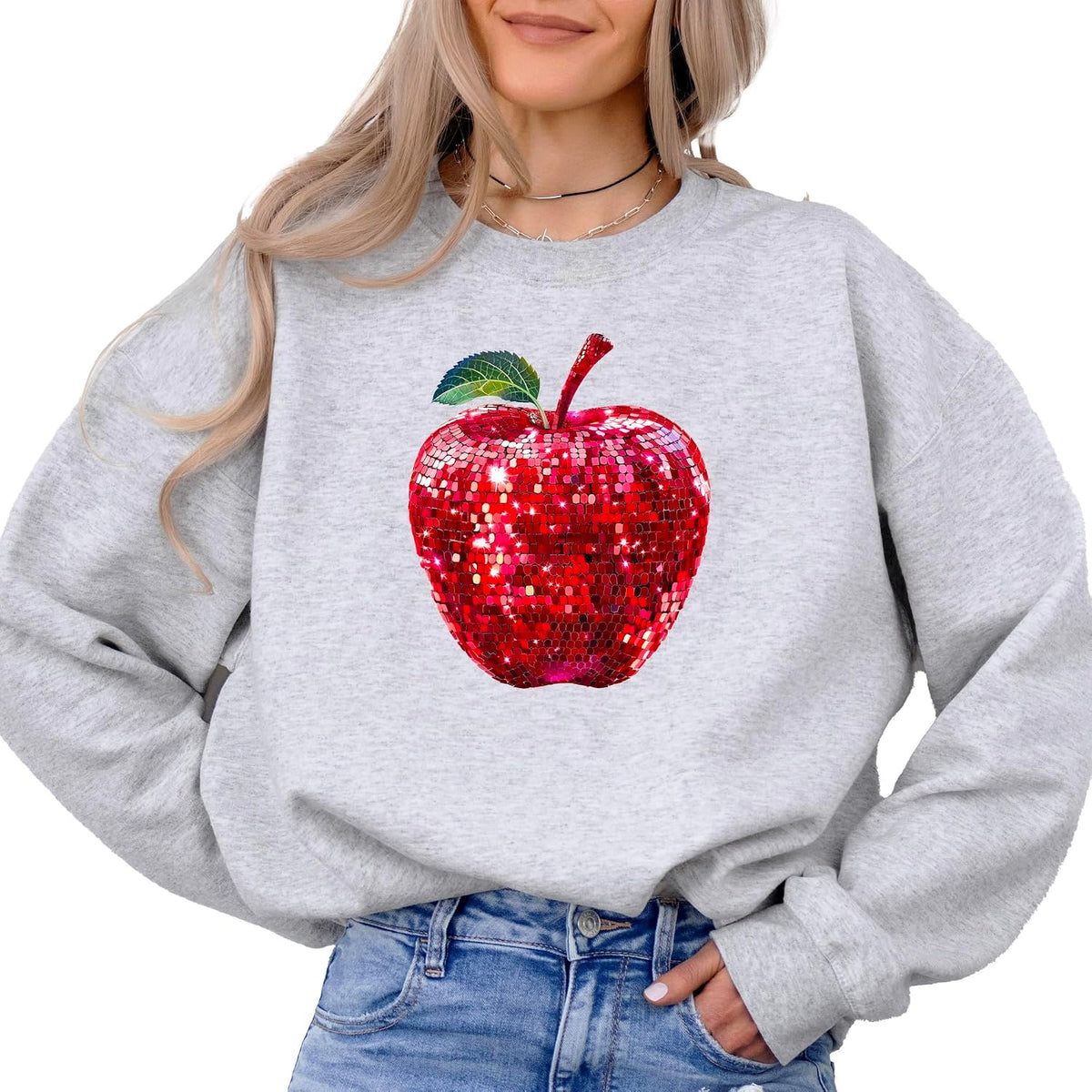 Red Disco Apple Sweatshirt for Women and Teens Faux Glitter Apple Pullover for Teachers and Students