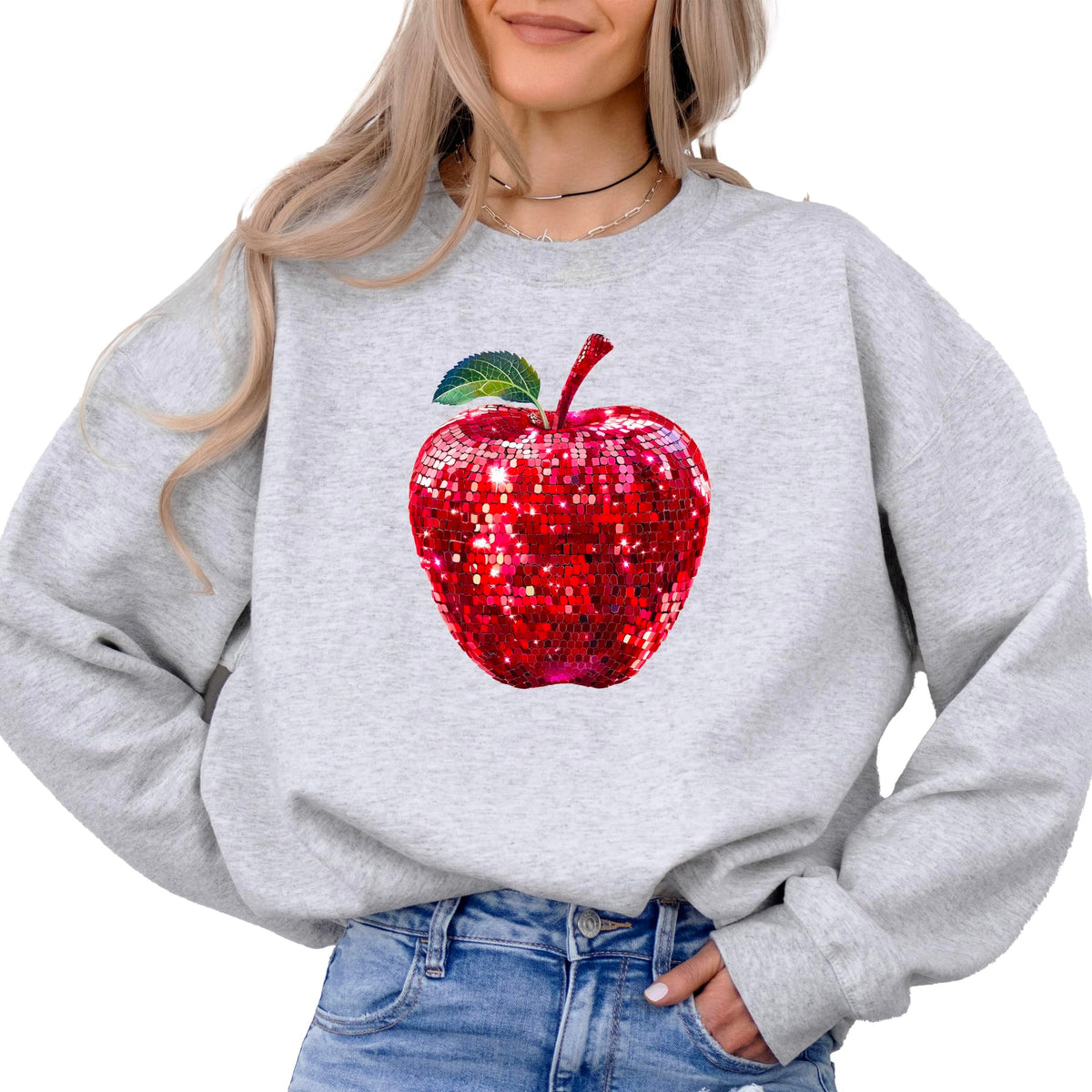 Red Disco Apple Sweatshirt for Women and Teens Faux Glitter Apple Pullover for Teachers and Students