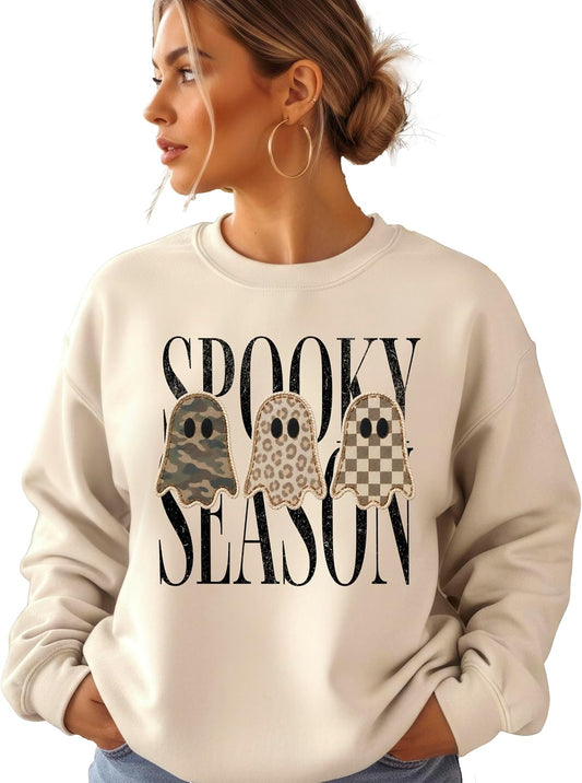 Olive Loves Apple Spooky Season Sweatshirt for Women & Teen Girls Halloween Camo Leopard Ghost Crewneck