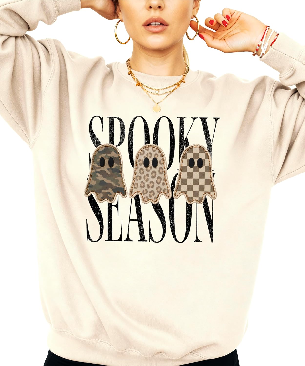 Olive Loves Apple Spooky Season Sweatshirt for Women & Teen Girls Halloween Camo Leopard Ghost Crewneck