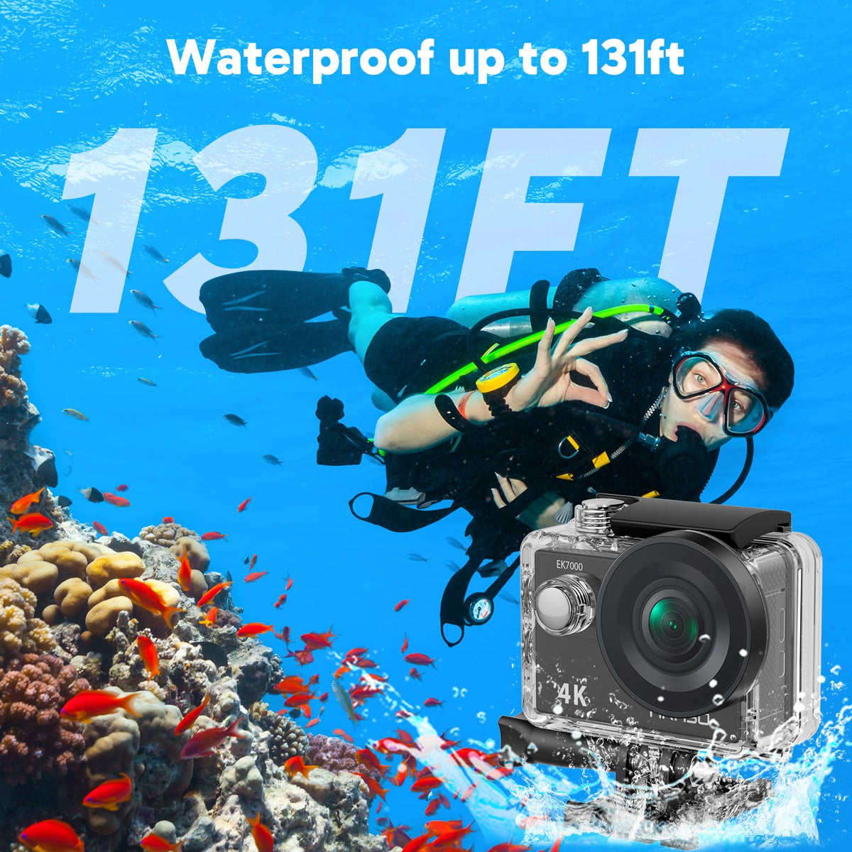 AKASO EK7000 4K30FPS 20MP WiFi Action Camera with EIS Ultra HD 131FT Waterproof Underwater Camera Remote Control 4X Zoom Support External Microphone Blue