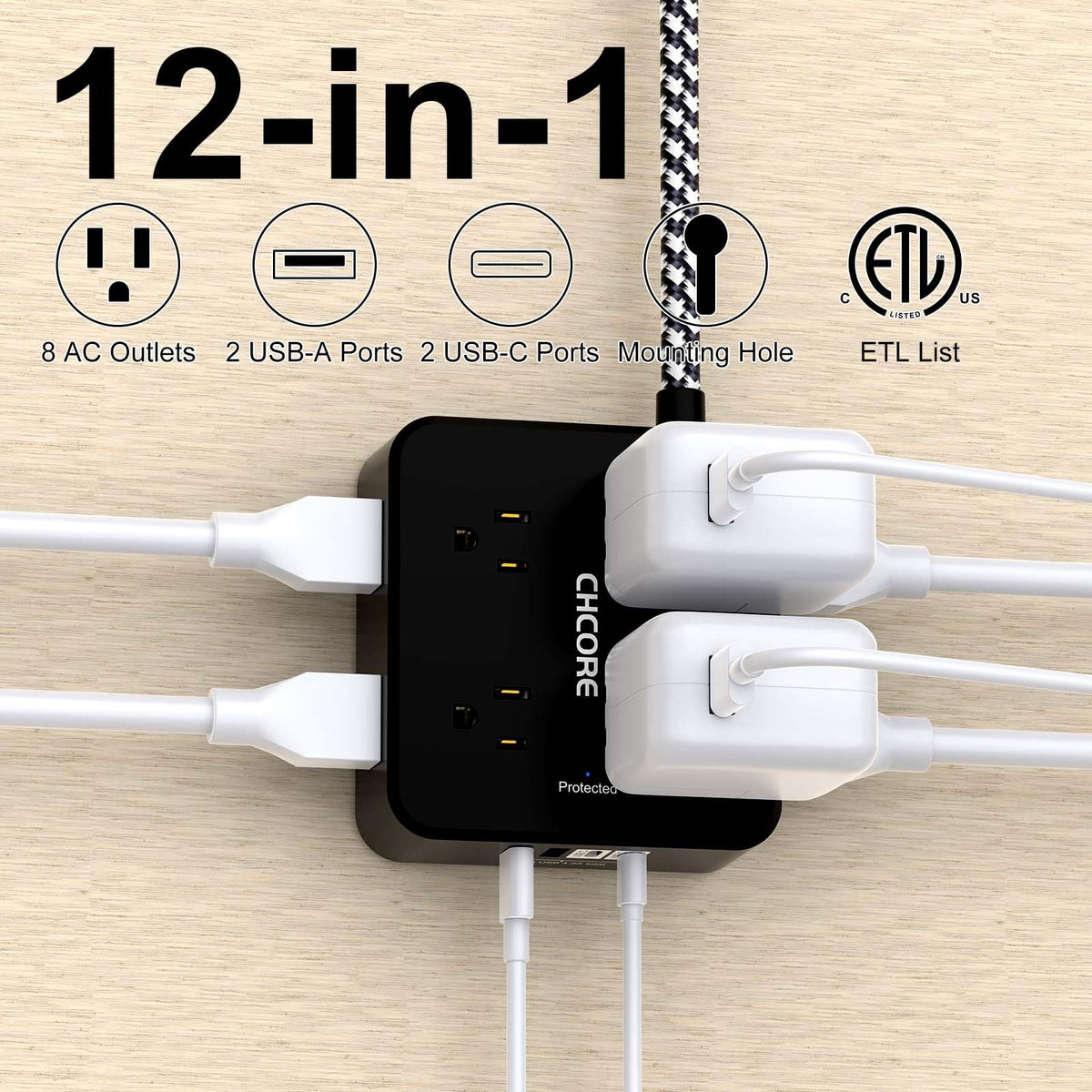 Surge Protector Power Strip - CHCORE 6Ft Braided Extension Cord with 8 Outlets with 4 USB (2 USB C) Charging Ports, Flat Plug Multi Plug Outlet Extender Charging Station for Home Office, ETL, White