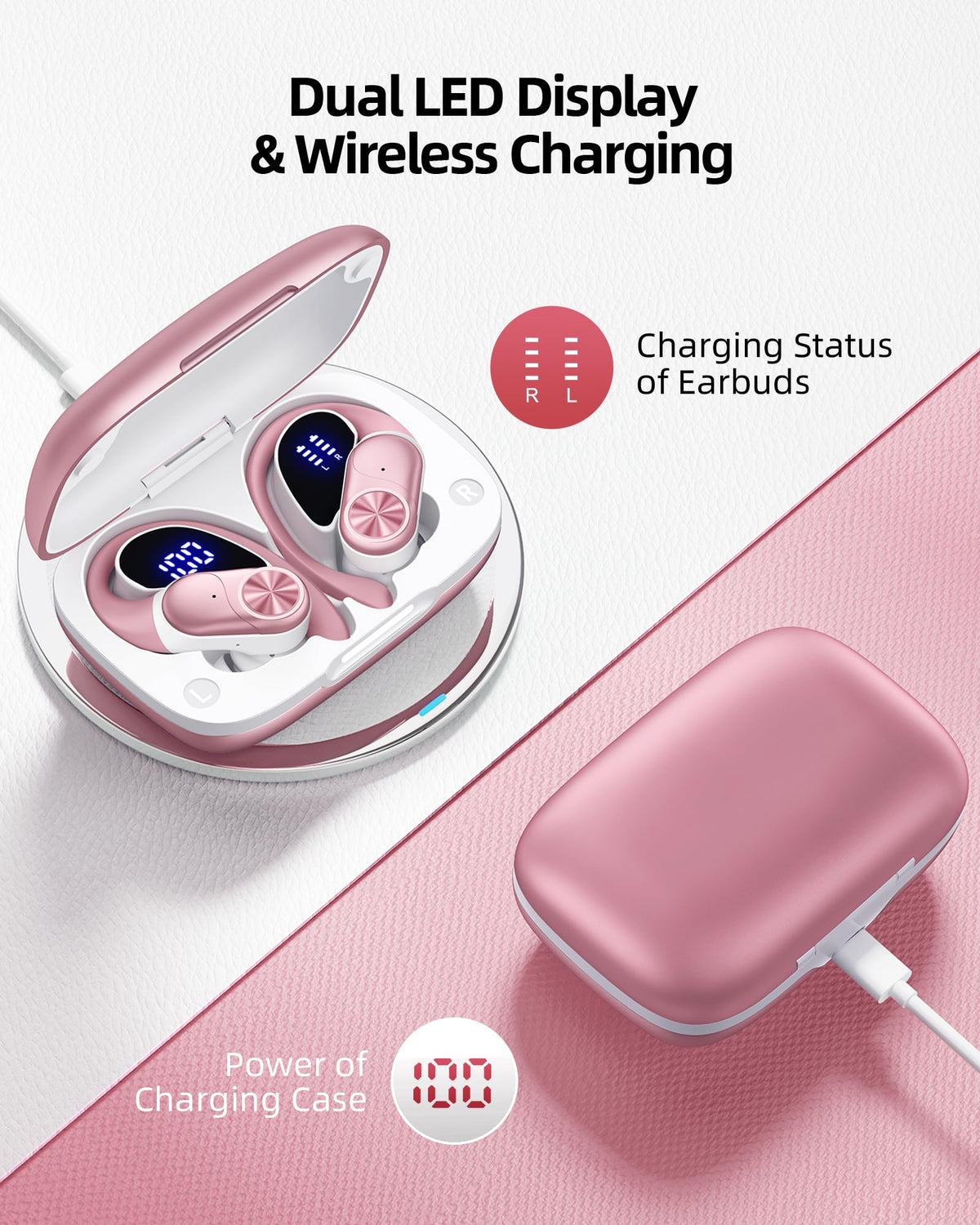 PocBuds Bluetooth Headphones Wireless Earbuds 80hrs Playtime Wireless Charging Case Digital Display Sports Ear Buds with Earhook Deep Bass IPX7 Waterproof Over-Ear Earphones for TV Phone Laptop Olive