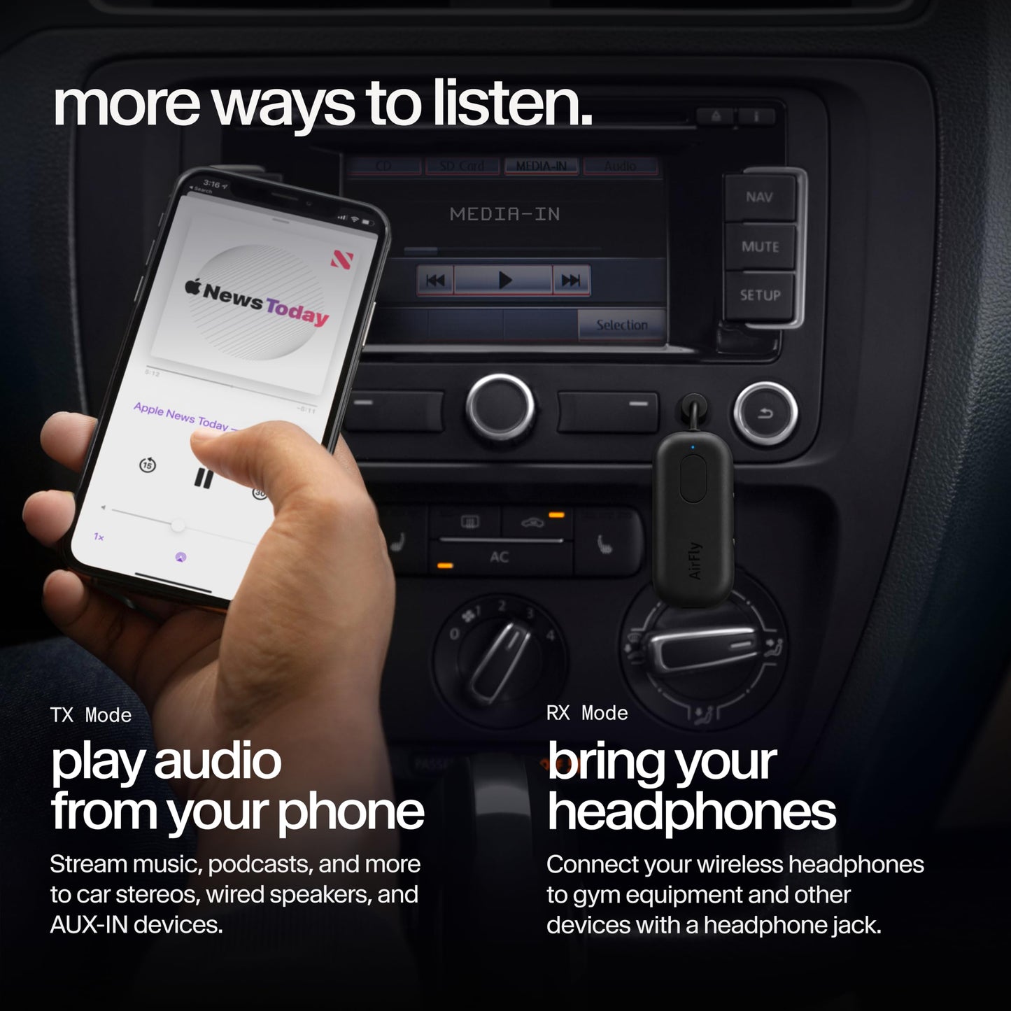 Twelve South AirFly Pro 2, Bluetooth Adapter, Pair 2 AirPods, Black Ice
