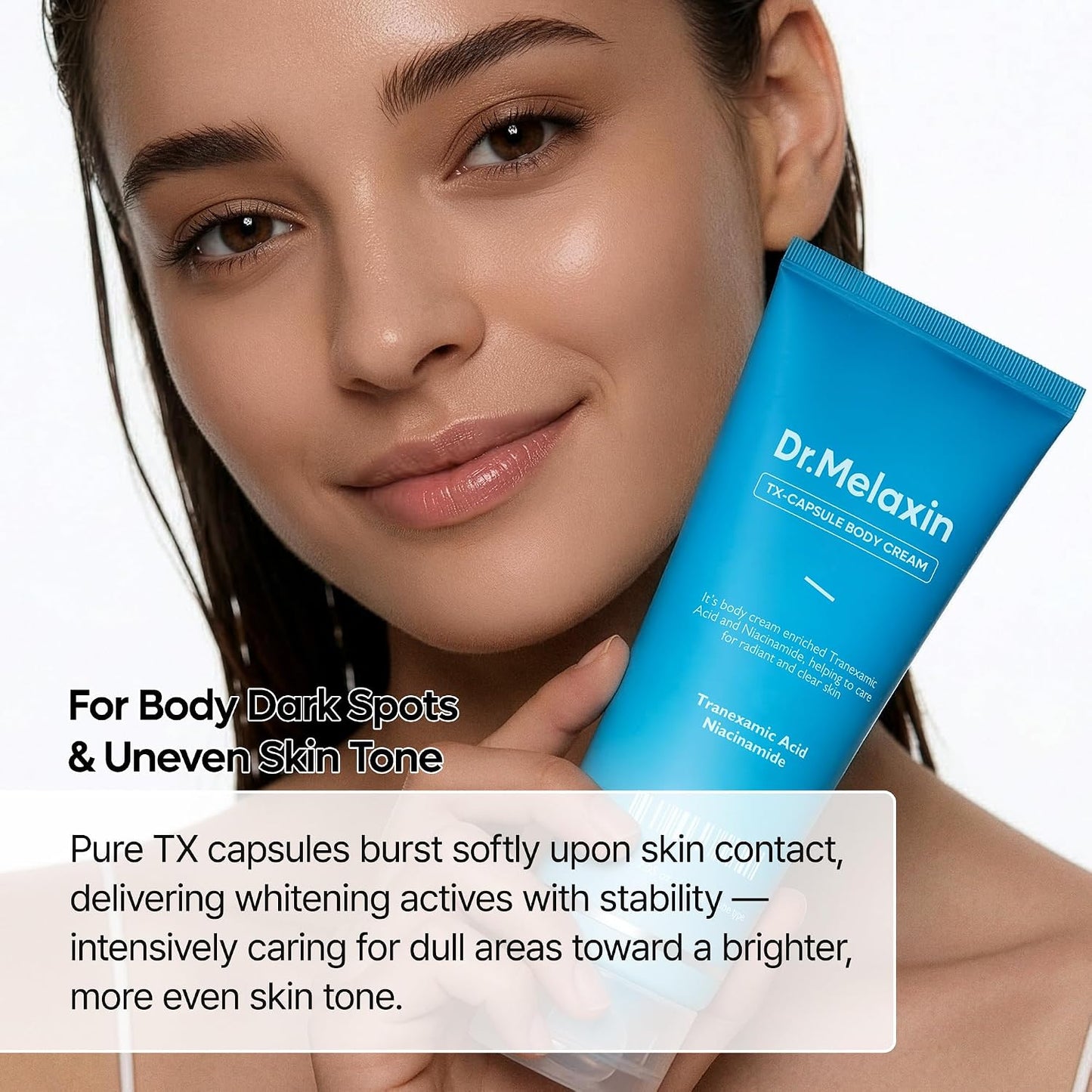 Dr.Melaxin TX Capsule Body Cream – 99% Pure Tranexamic Acid & Niacinamide Capsule for Body Dark Spots, Uneven Skin Tone & Dullness | Soft Burst, Silky Non-Greasy Brightening Body Lotion 200g