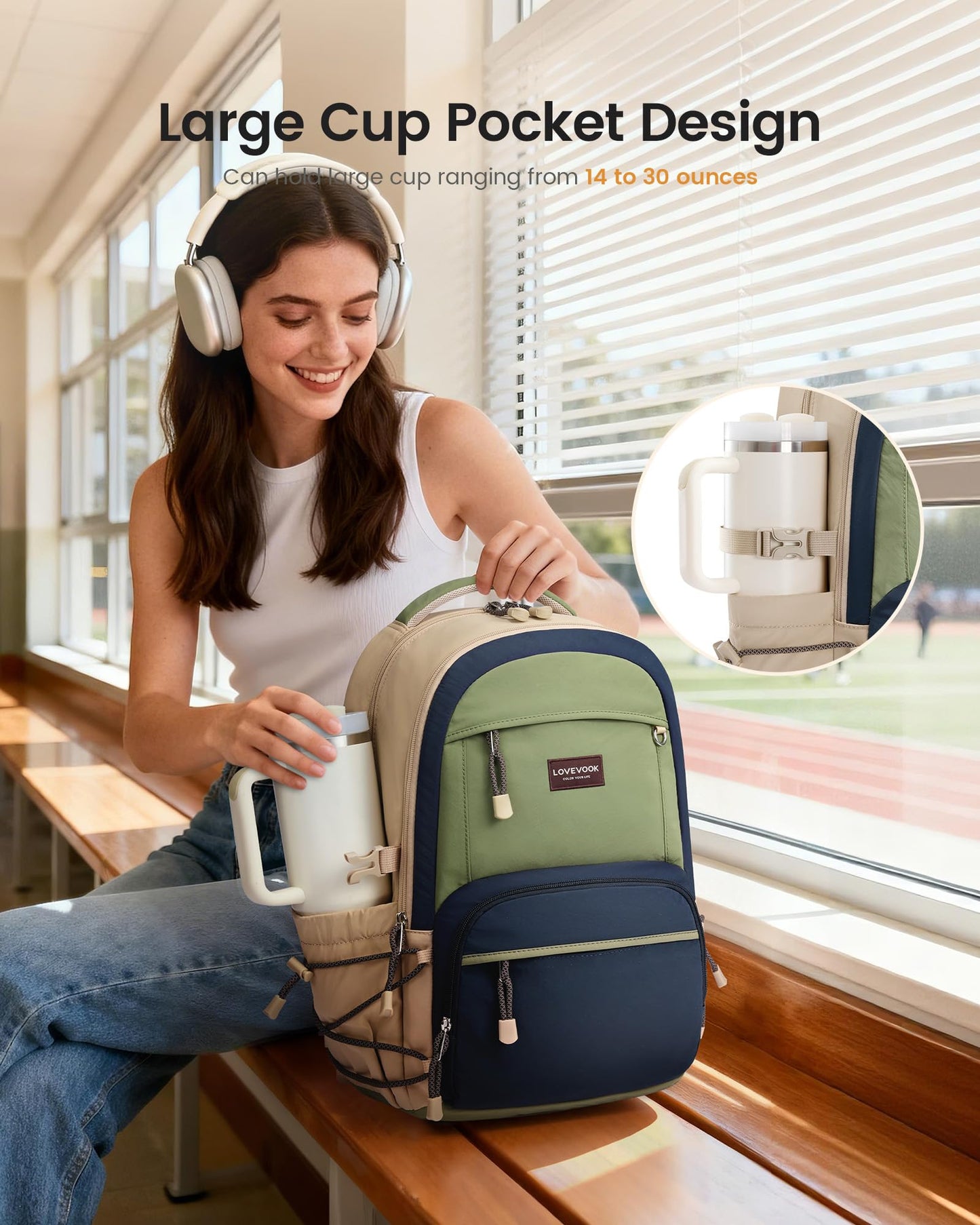 LOVEVOOK School Backpack for Girls, 15.6 Inch laptop Backpacks with Large Capacity Tumbler Holder, Lightweight College bag for women, Cute Travel Teen Bookbag Purse for Students,Off white-Pink