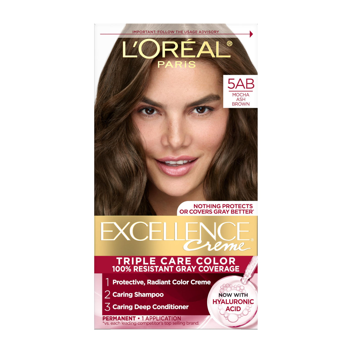L'Oreal Paris Excellence Crème Permanent Hair Dye, Triple Care Hair Color with Hyaluronic Acid for 100% Gray Coverage, 4 Dark Brown, 1 Kit (Packaging May Vary)