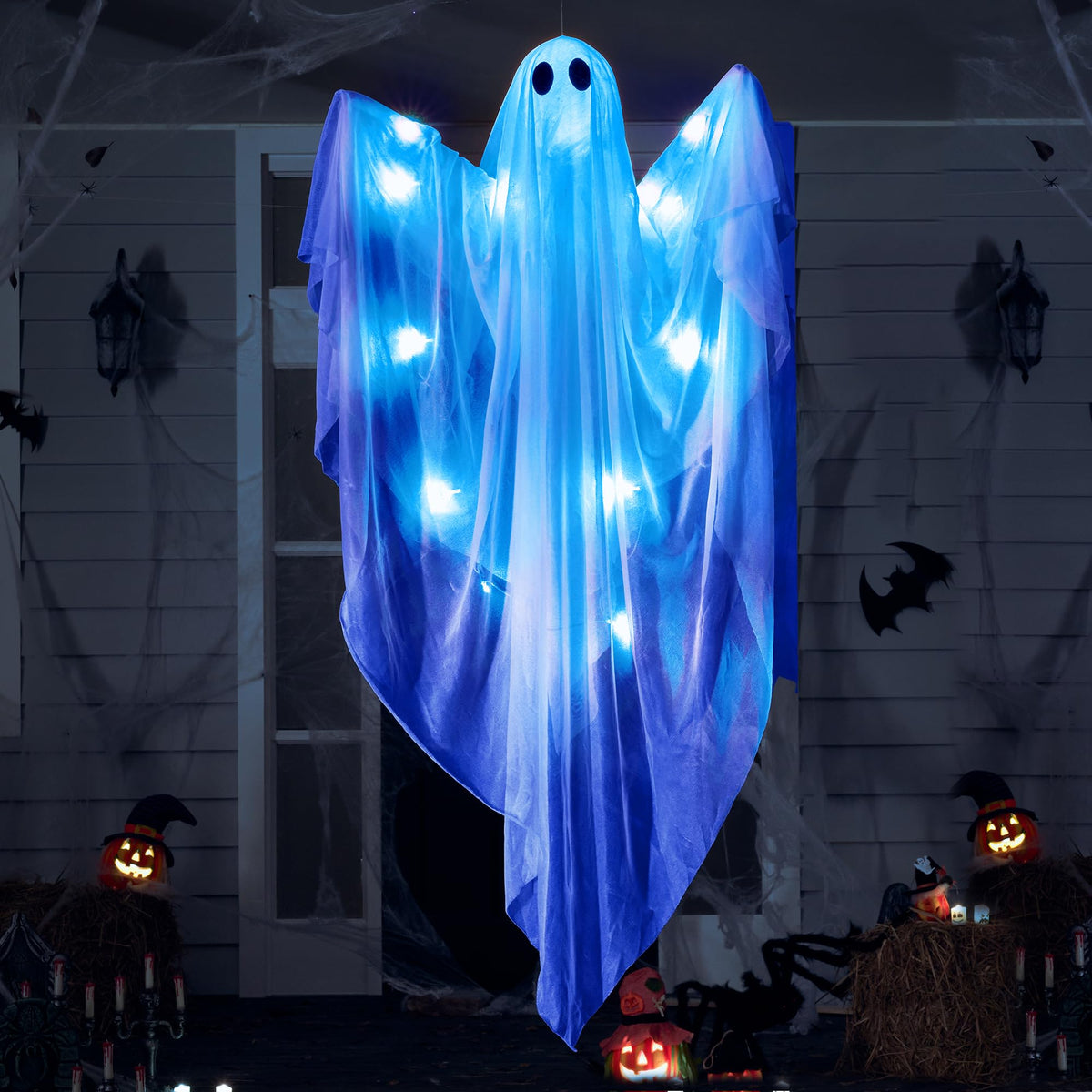JOYIN Halloween Hanging Light up Ghost, 47" White Ghosts with Purple LED Light and Timer Halloween Hanging Decoration Waterproof for Front Yard Patio LawnGarden Party Decor Indoor Outdoor