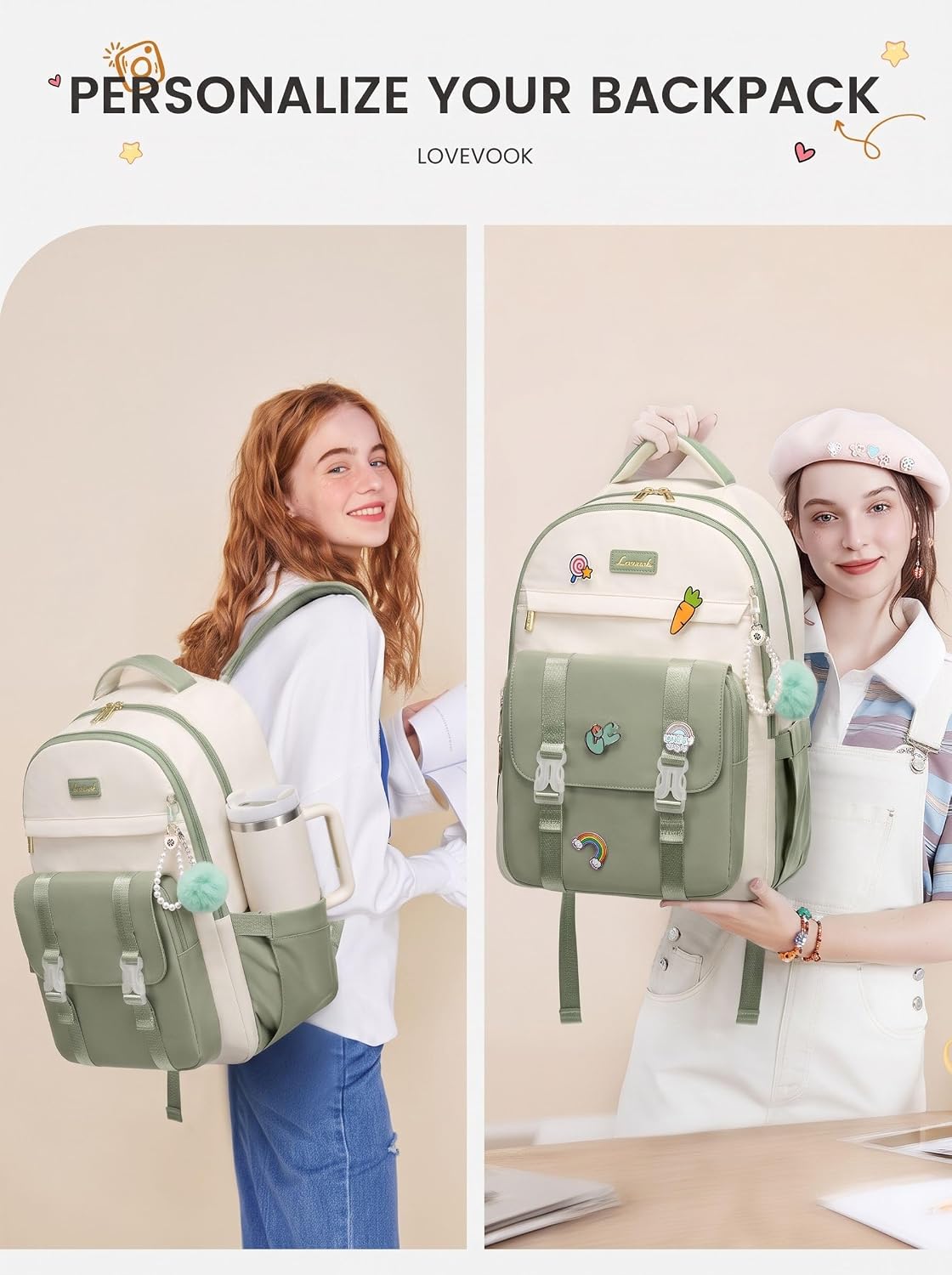 LOVEVOOK School Backpack for Teen Girls, Cute Student Backpack Purse Kid Bookbag for 8-17 Teenage, Back to School Backpacks Fit 15.6 Inch Laptop, College Travel Bag with Large Water Bottle Holder