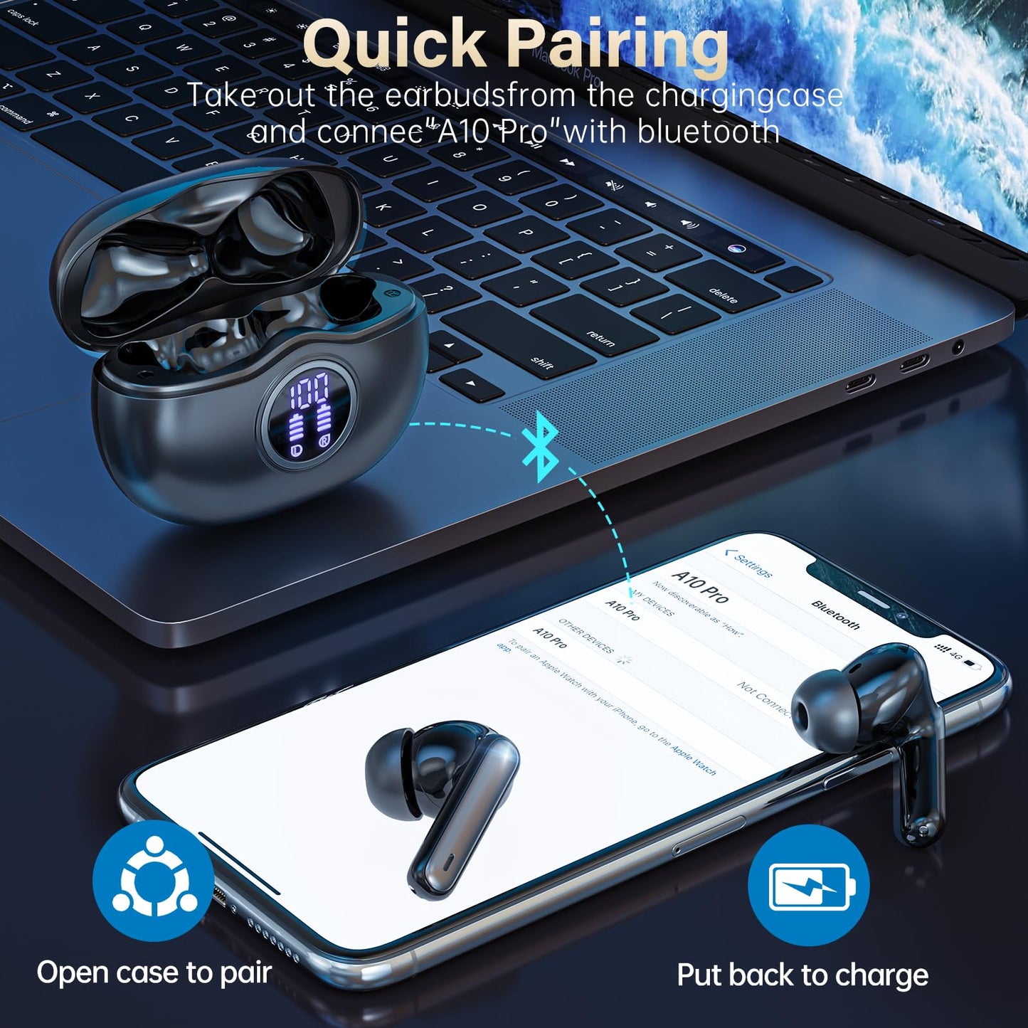 Wireless Earbuds, Bluetooth 5.3 Headphones HiFi Stereo 50H Playback LED Digital Display Ear Buds with ENC Noise Canceling Headset, IPX7 Waterproof Earphones for Gym/Running/Work(Black)