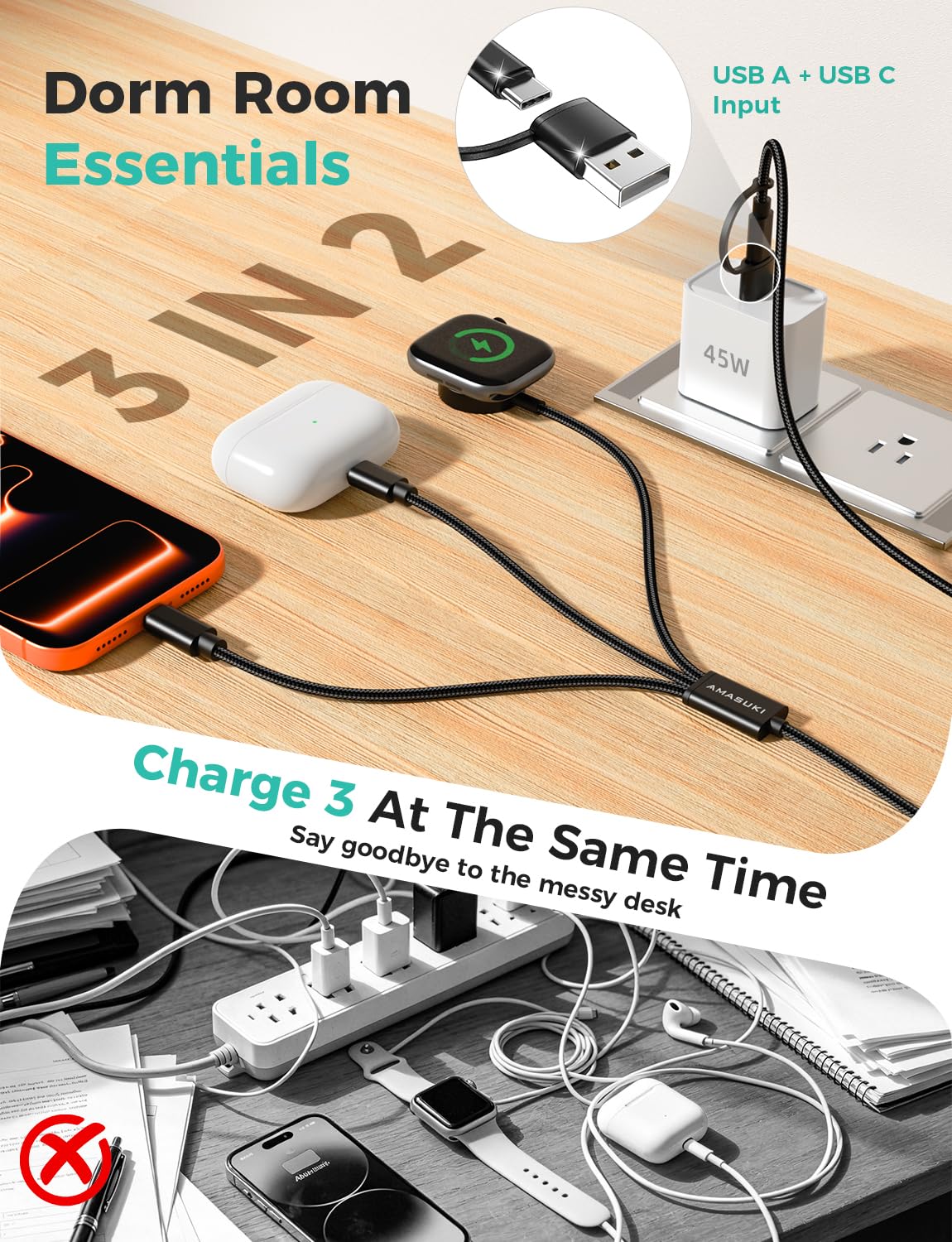 Travel Essentials,3 in 2 USB C Cable for Apple Watch Charger,iPhone Charger,Multi Charging Cable,Cruise Vacation Camping Essentials,Portable for iWatch Series 11-2/Ultra/SE & iPhone 17-12,Car,Pink