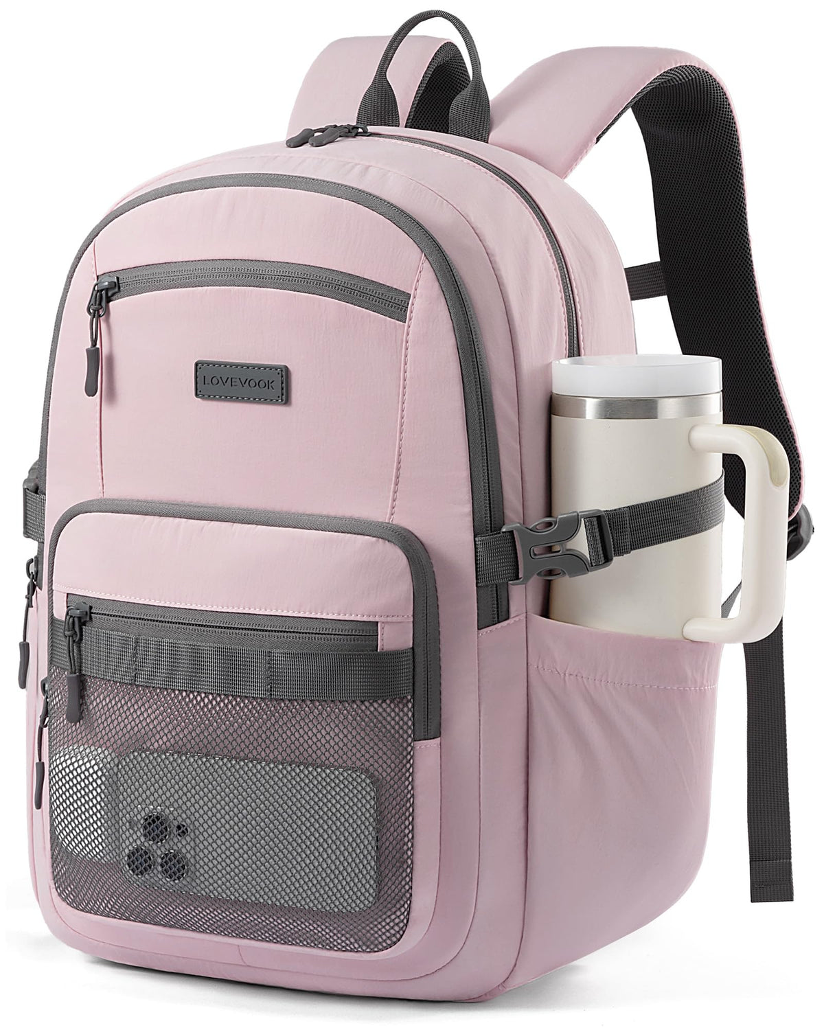 LOVEVOOK Laptop Backpack Women/Men with 40oz Cup Holder Buckle Strap, 15.6 Inch Tech-Ready Work Backpack, TSA-compliant for Travel & College with Versatile Mesh Pocket, Black