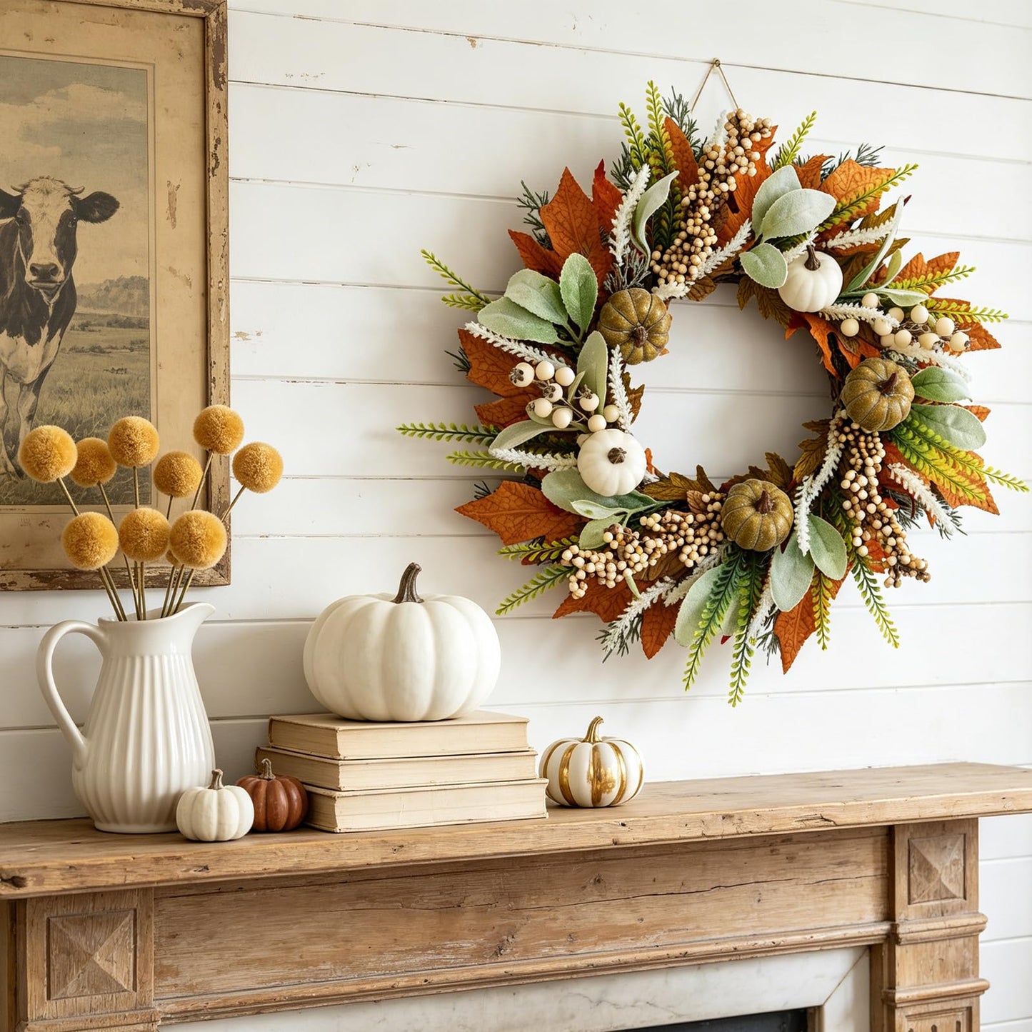 20" Harvest Fall Wreath for Front Door,Pumpkins Berries Autumn Wreaths