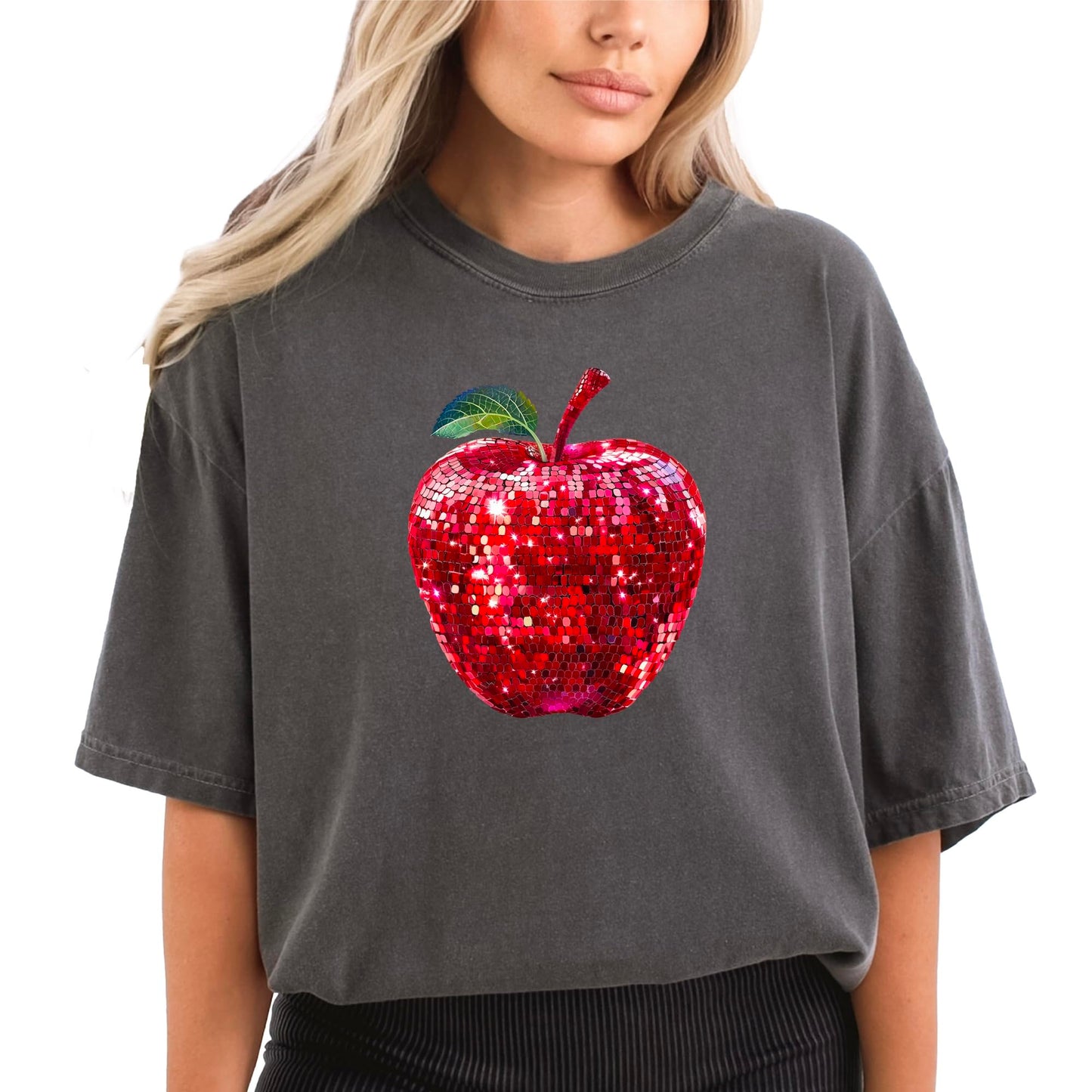 Red Disco Apple Shirt for Women & Teens Faux Glitter Apple Tee for Teachers and Students