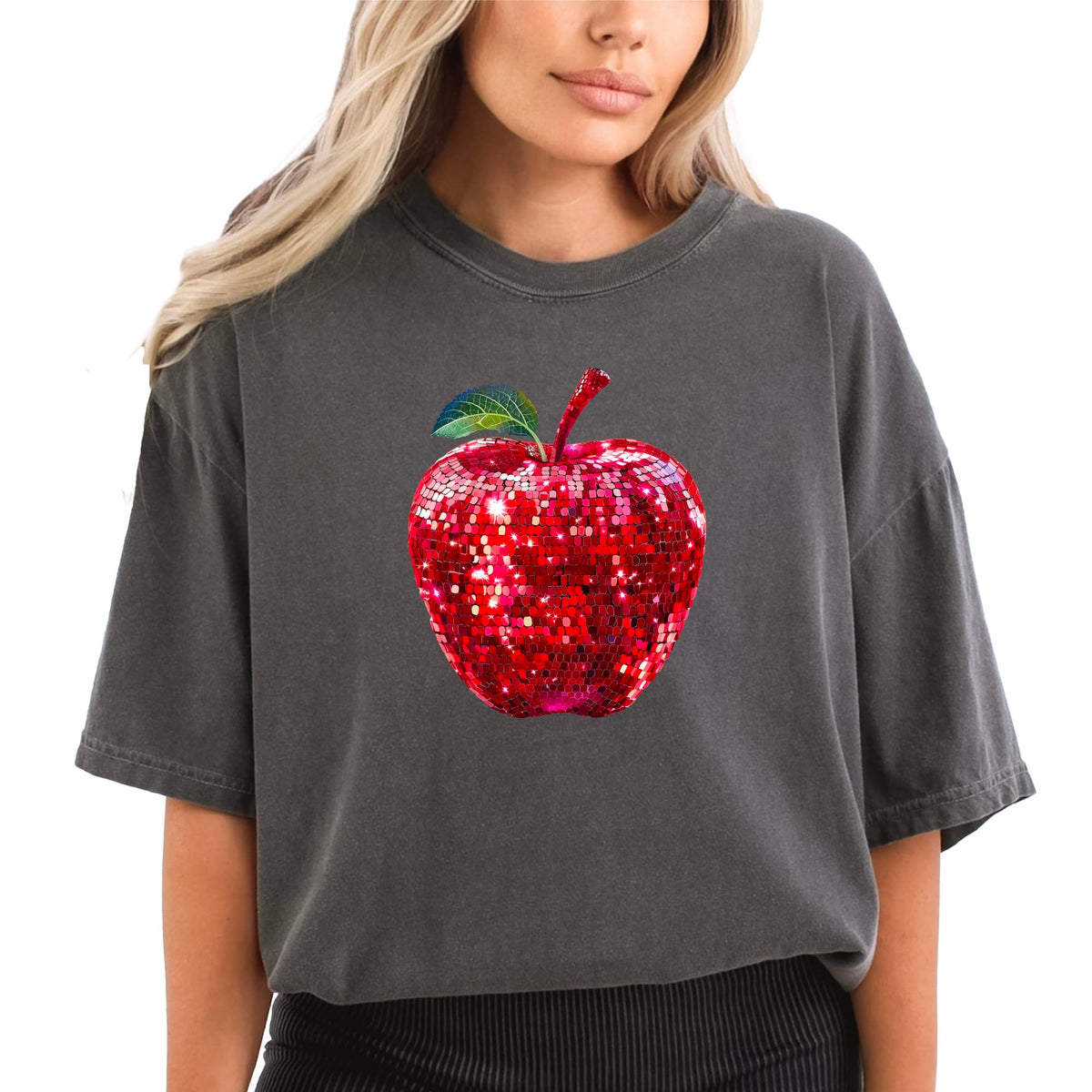 Red Disco Apple Shirt for Women & Teens Faux Glitter Apple Tee for Teachers and Students