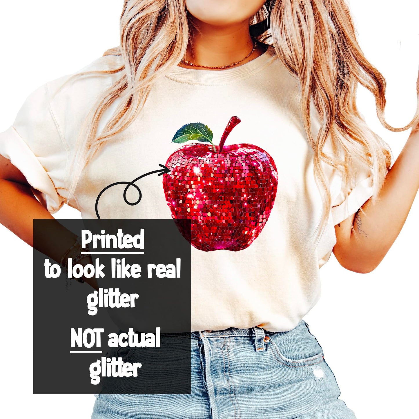 Red Disco Apple Shirt for Women & Teens Faux Glitter Apple Tee for Teachers and Students
