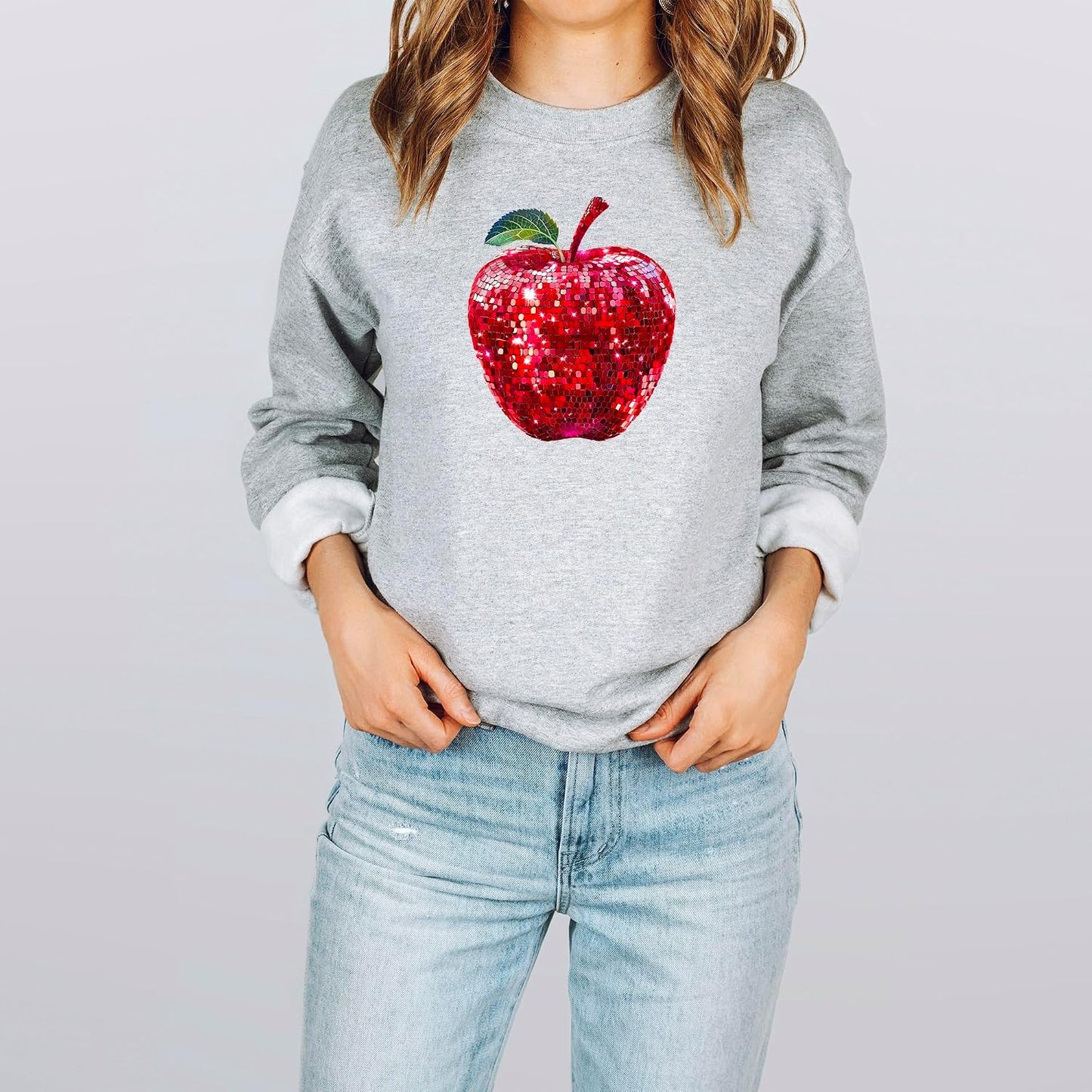 Red Disco Apple Sweatshirt for Women and Teens Faux Glitter Apple Pullover for Teachers and Students
