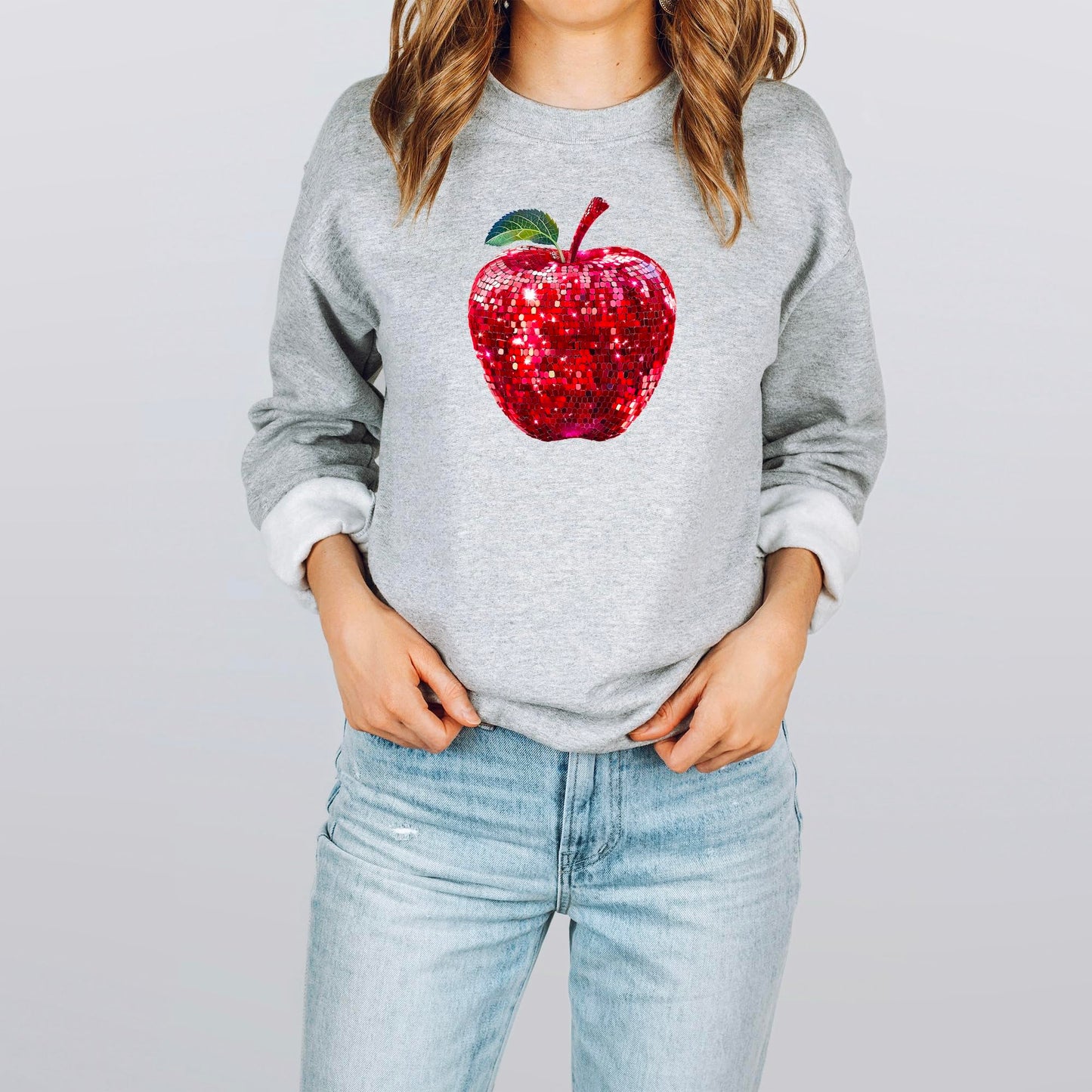Red Disco Apple Sweatshirt for Women and Teens Faux Glitter Apple Pullover for Teachers and Students