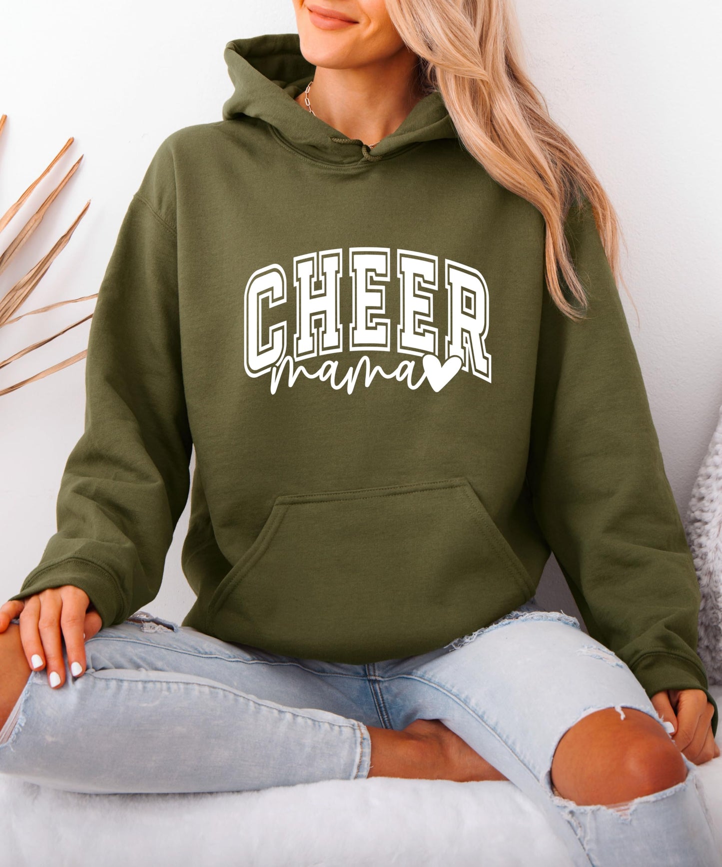 Olive Loves Apple Cheer Mama Hoodie for Women Cheerleading Mom Game Day Pullover Cheer Competition Sweatshirt
