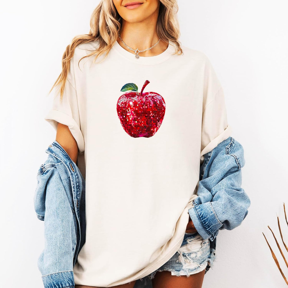 Red Disco Apple Shirt for Women & Teens Faux Glitter Apple Tee for Teachers and Students