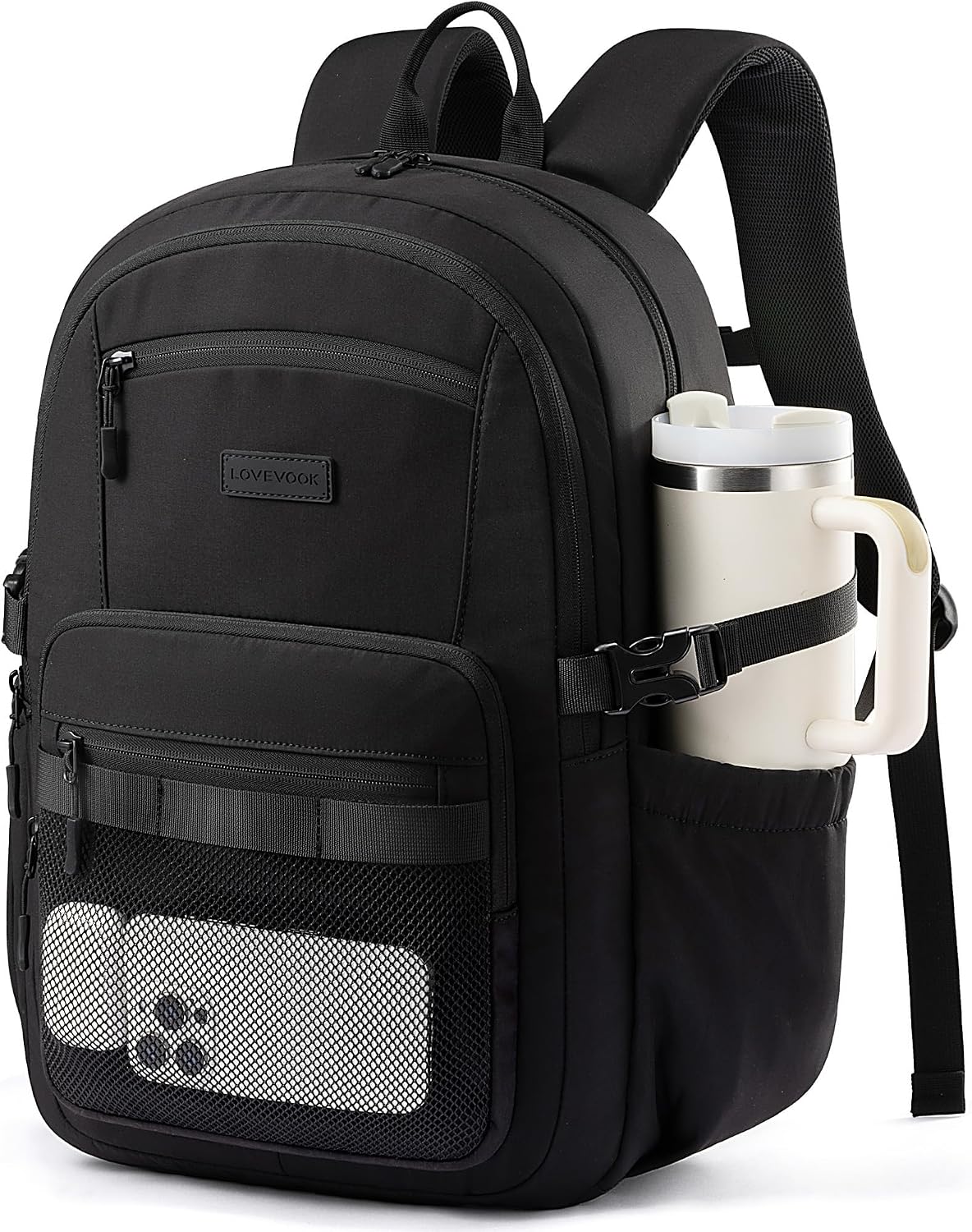 LOVEVOOK Laptop Backpack Women/Men with 40oz Cup Holder Buckle Strap, 15.6 Inch Tech-Ready Work Backpack, TSA-compliant for Travel & College with Versatile Mesh Pocket, Black