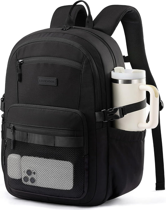 LOVEVOOK Laptop Backpack Women/Men with 40oz Cup Holder Buckle Strap, 15.6 Inch Tech-Ready Work Backpack, TSA-compliant for Travel & College with Versatile Mesh Pocket, Black