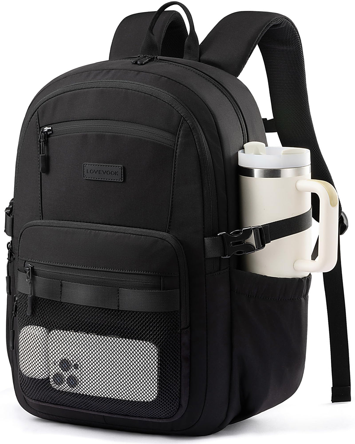 LOVEVOOK Laptop Backpack Women/Men with 40oz Cup Holder Buckle Strap, 15.6 Inch Tech-Ready Work Backpack, TSA-compliant for Travel & College with Versatile Mesh Pocket, Black