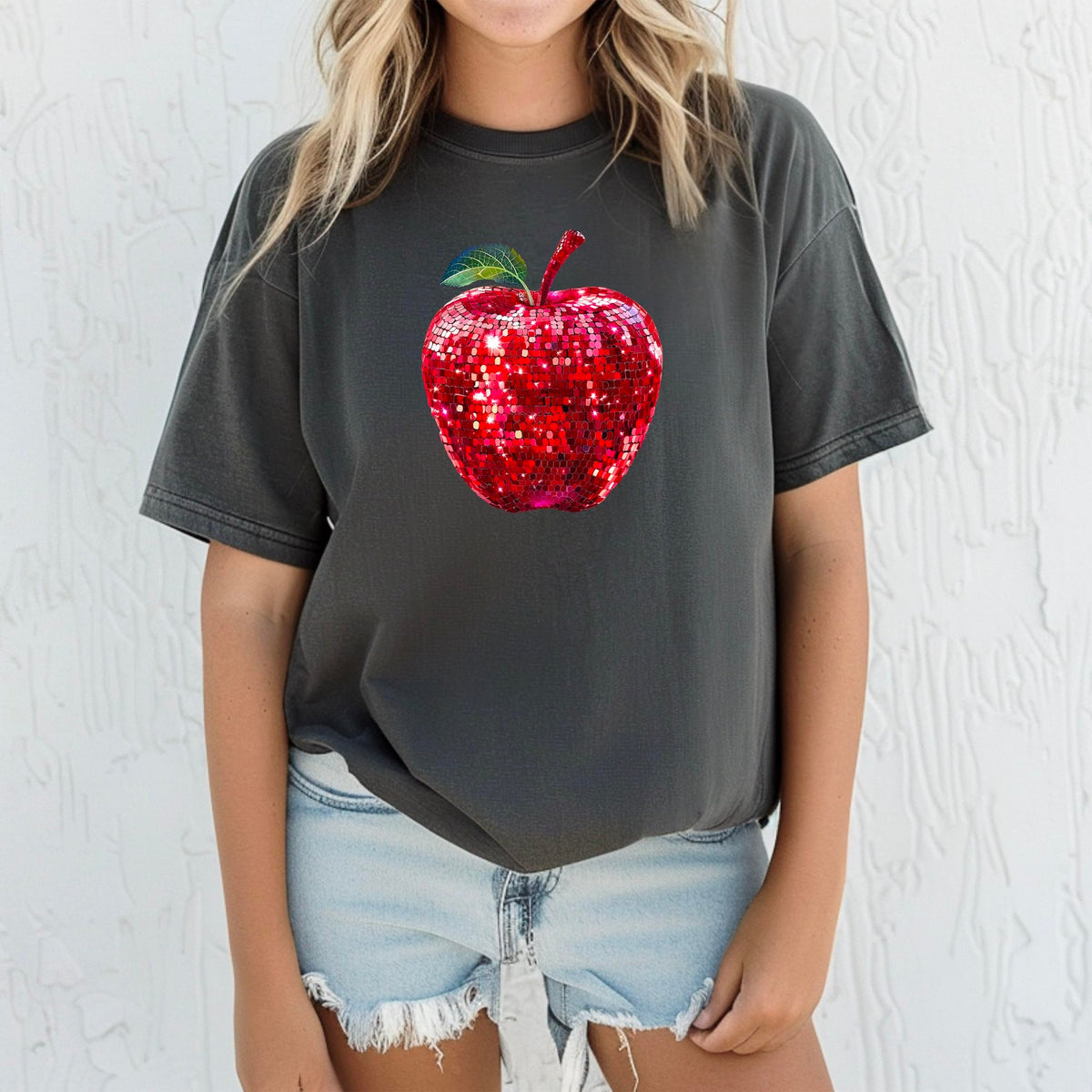 Red Disco Apple Shirt for Women & Teens Faux Glitter Apple Tee for Teachers and Students